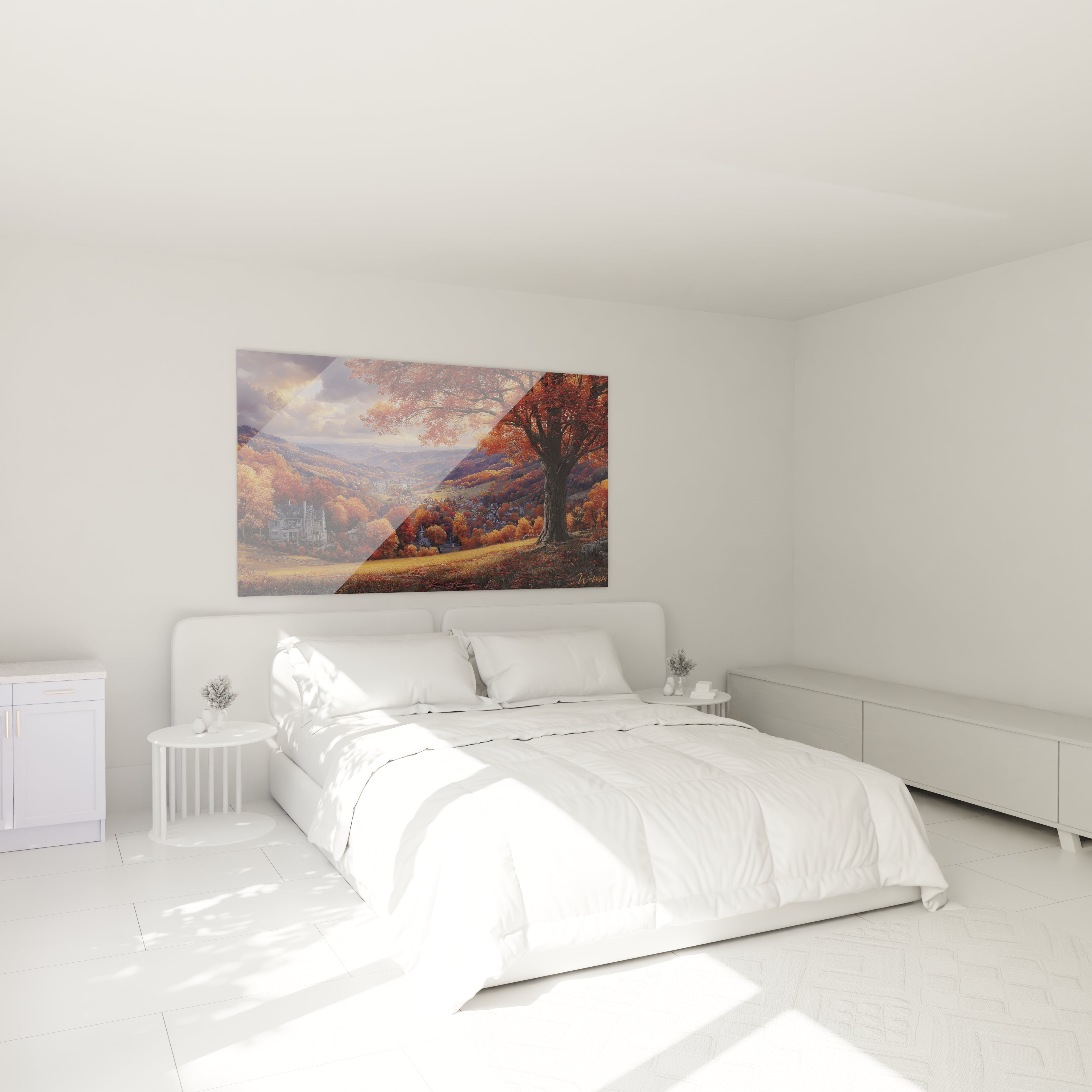 tableau paysage automne Walensky grand tableau mural automnal coloré accroché au dessus d un lit blanc minimaliste