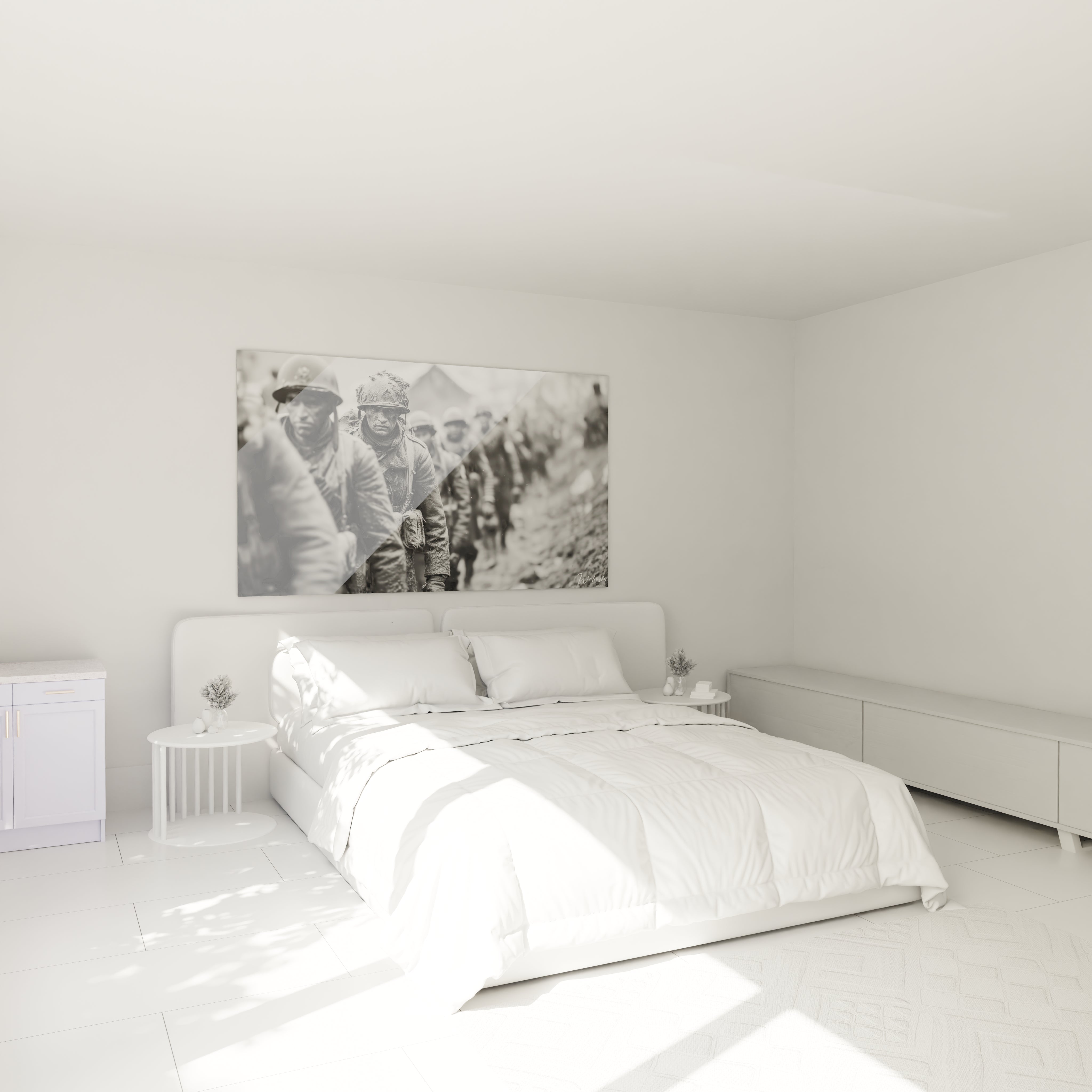 tableau soldats seconde guerre mondiale Walensky en toile noir et blanc sur lit double dans chambre