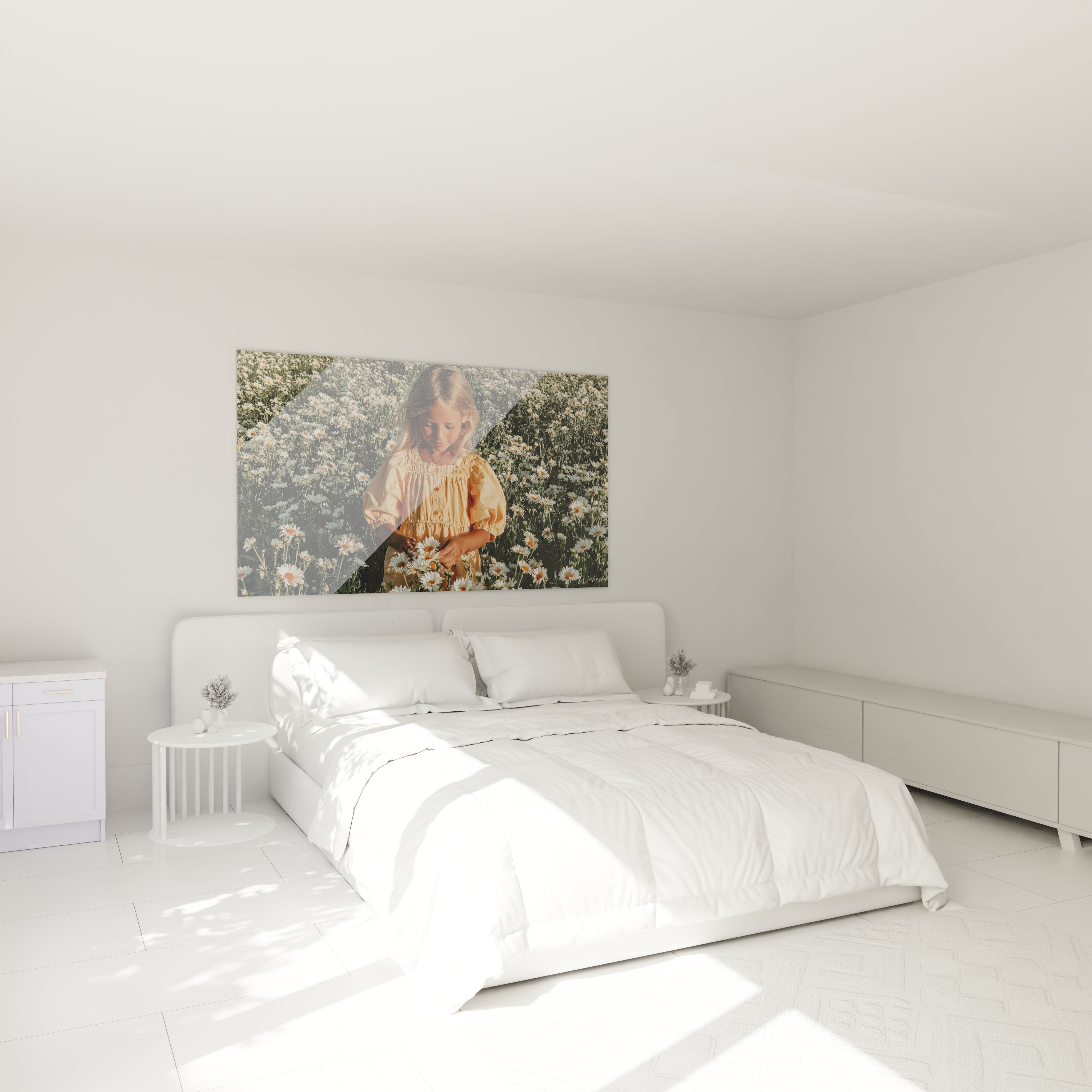 tableau fillette fleurs Walensky accroche au mur au dessus du lit blanc moderne dans chambre lumineuse et minimaliste