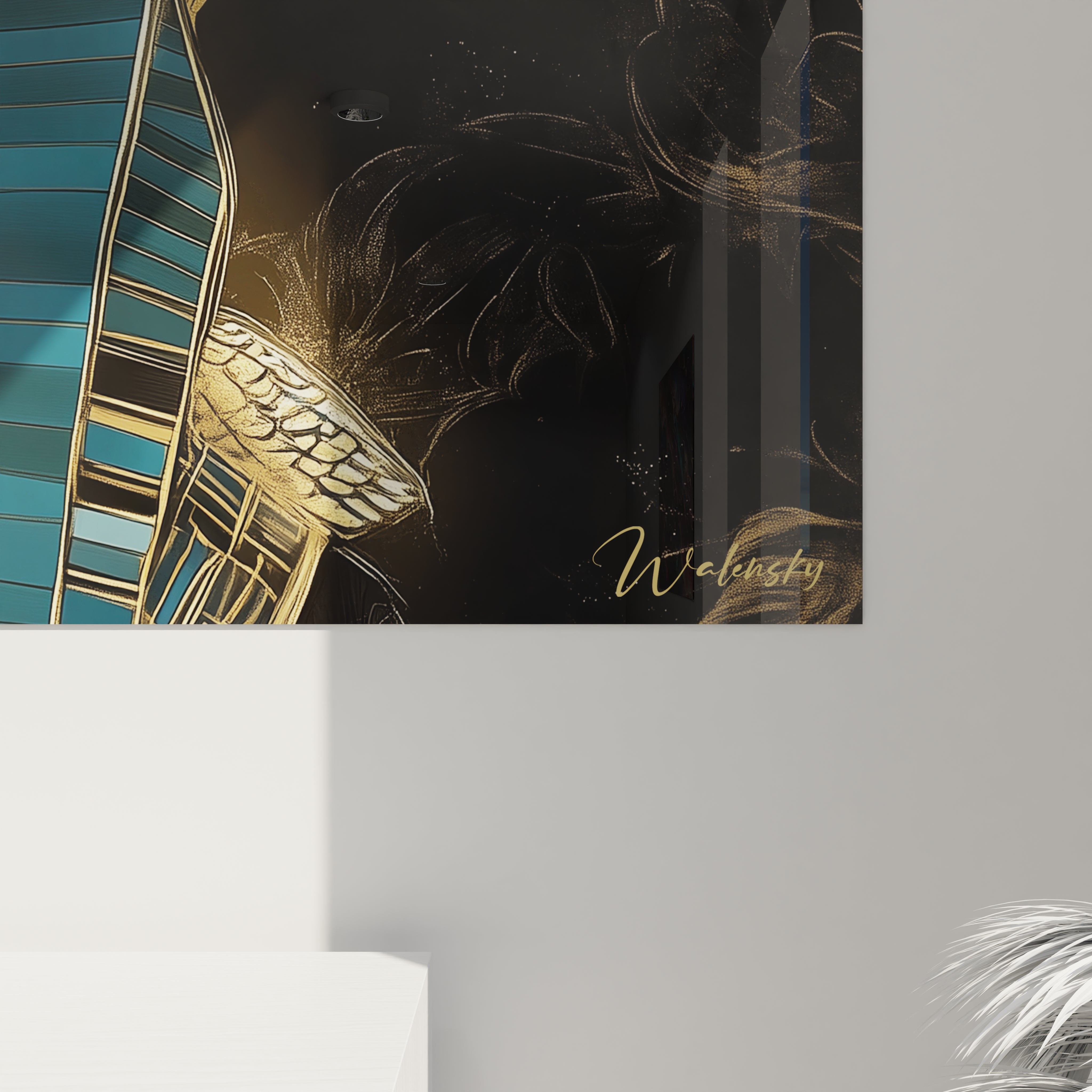 Tableau Egypte mural Walensky avec motifs dorés et fond noir pour décoration intérieure élégante