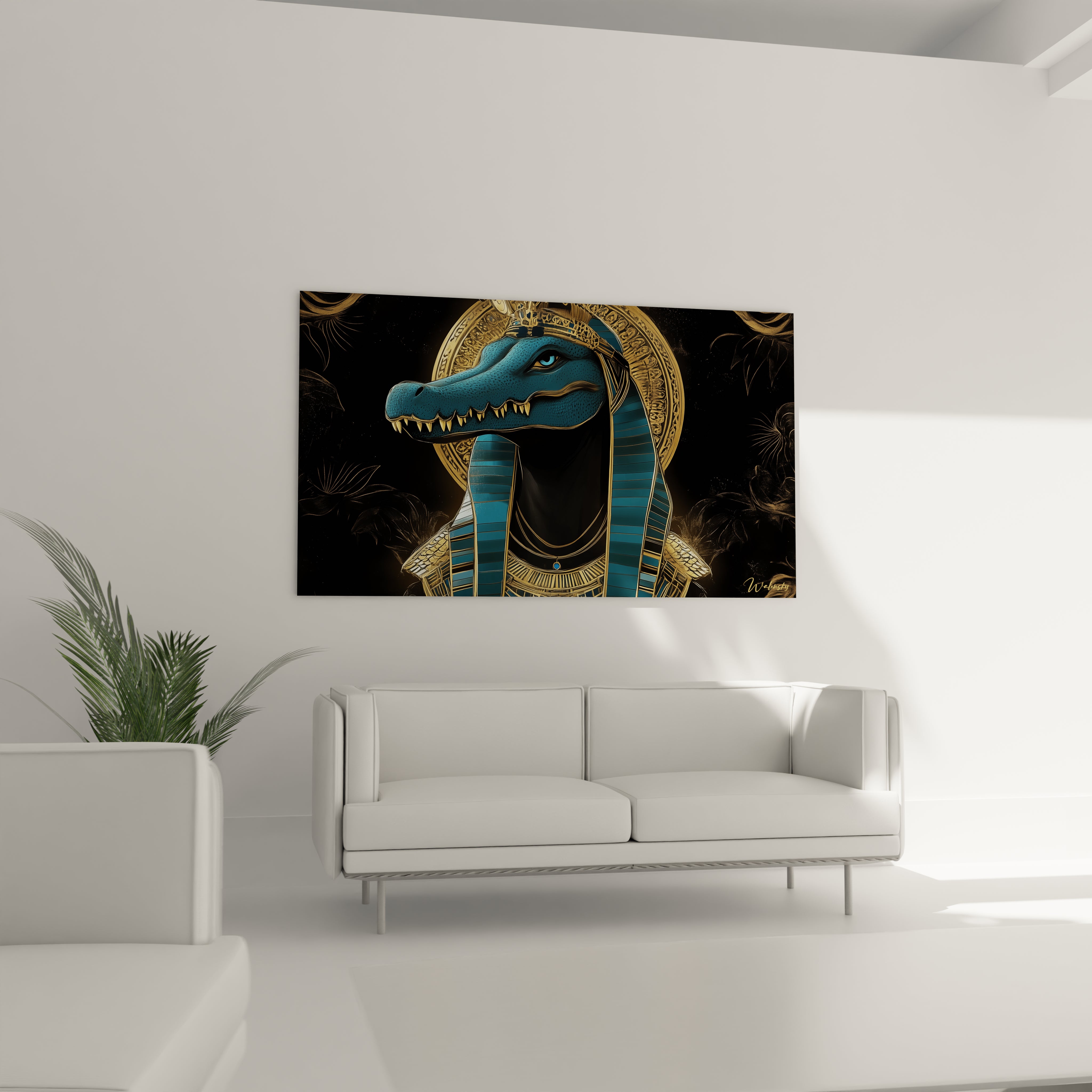 Tableau mural Egypte Walensky représentant un crocodile bleu avec ornement doré sur fond noir