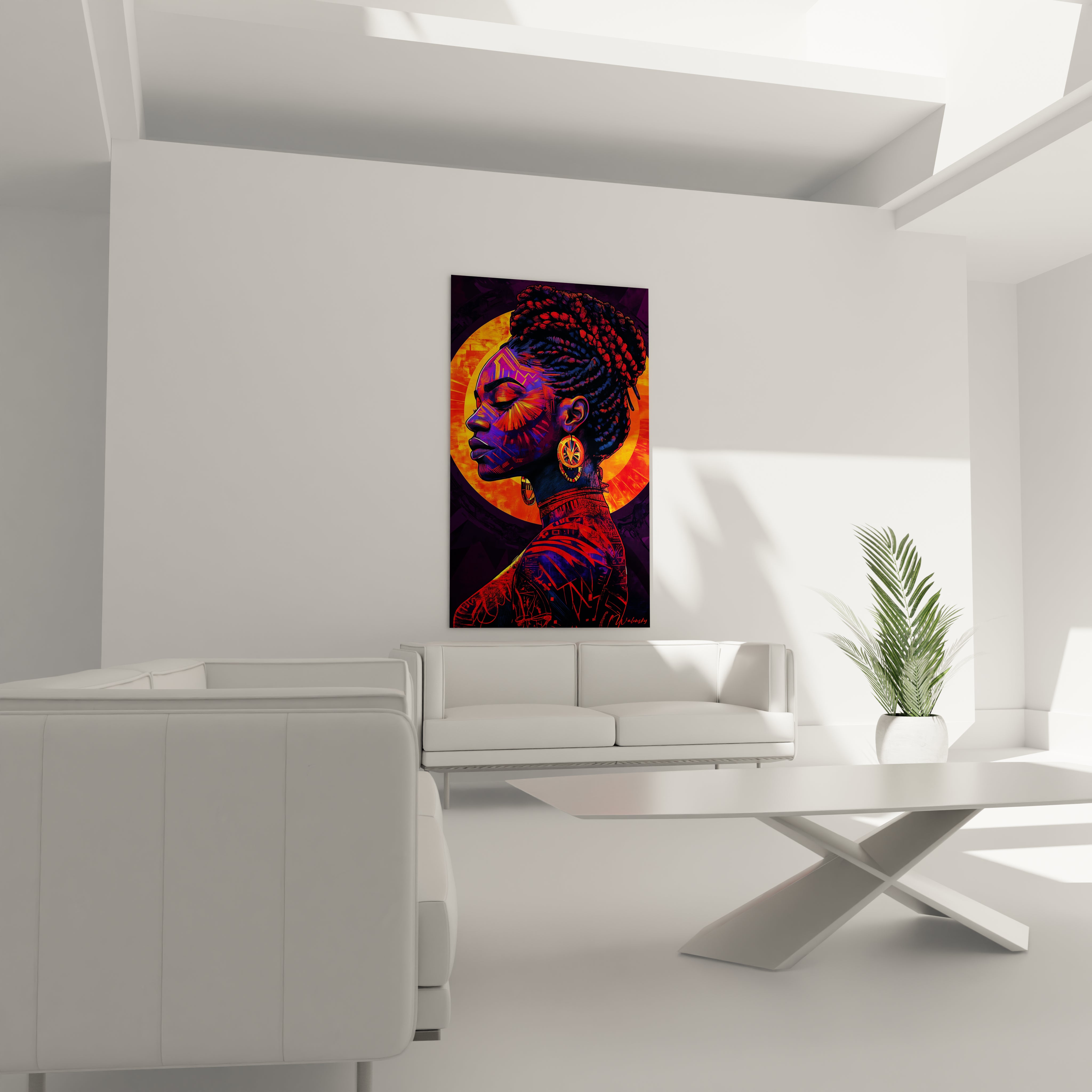 Tableau africain mural représentant un oiseau posé sur une branche dans un salon moderne minimaliste