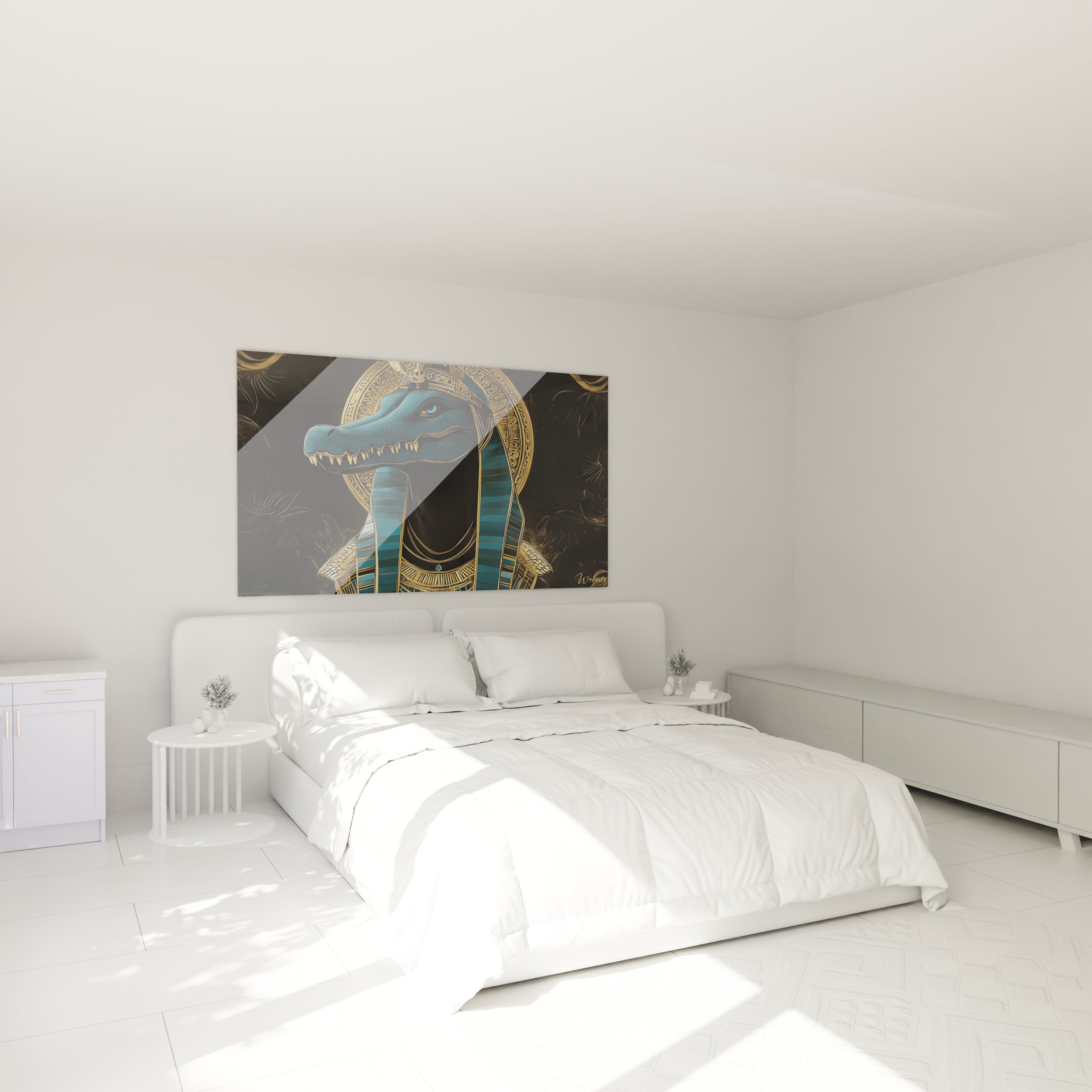 Tableau mural Egypte de Walensky représentant un dieu crocodile avec des motifs dorés dans une chambre moderne
