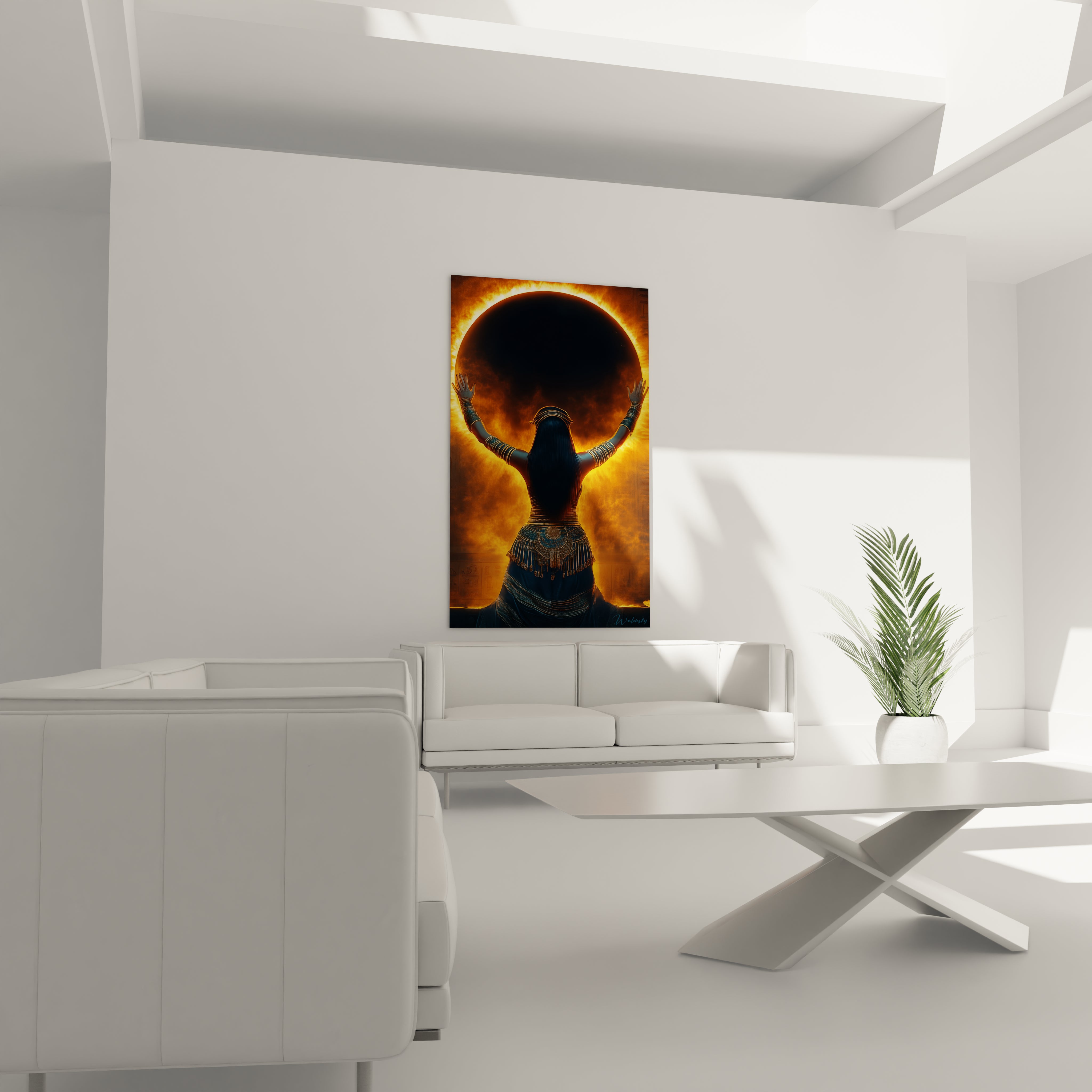 Tableau Egypte mural femme africaine avec turban rouge et boucle doreille jaune dans salon moderne