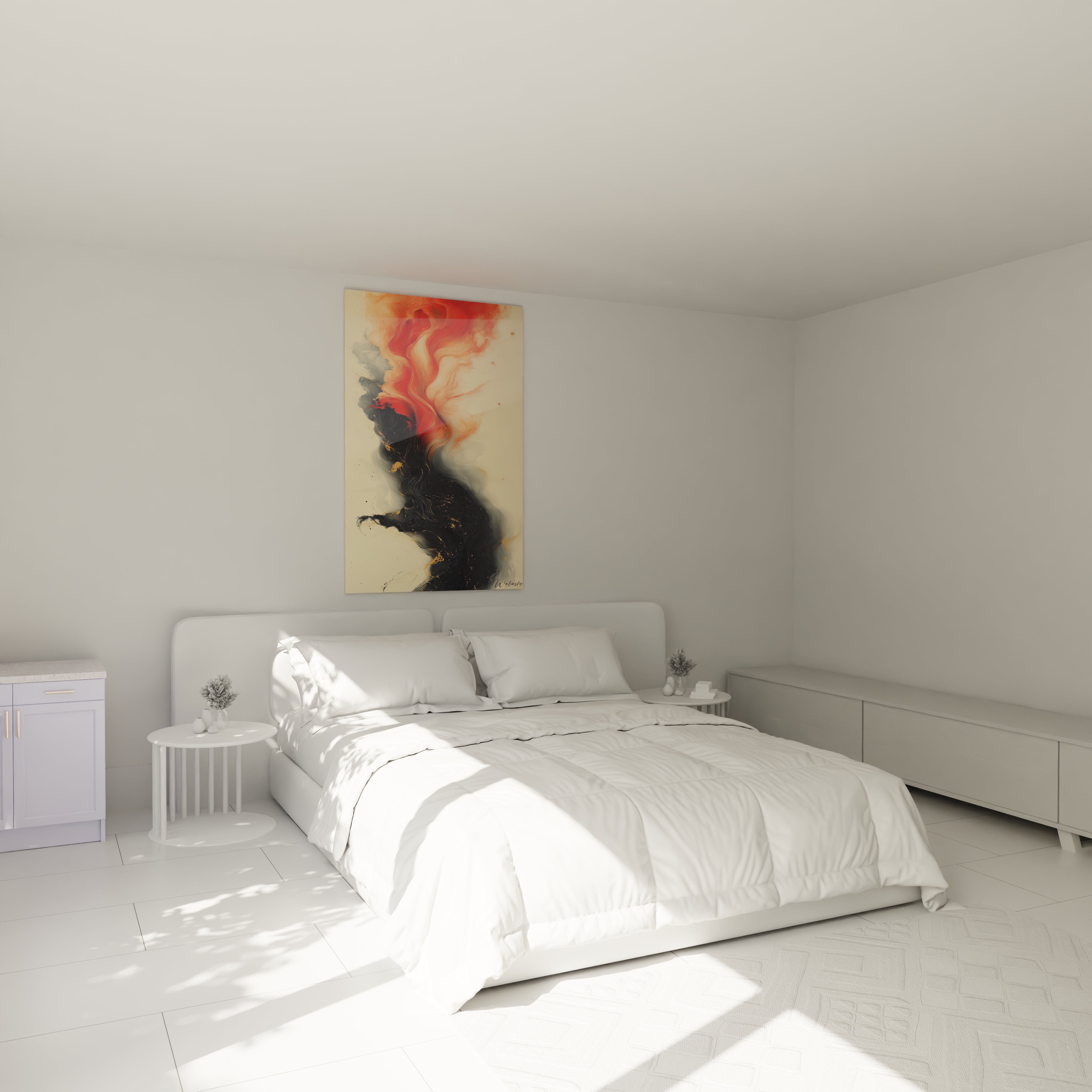 Tableau expressionnisme abstrait de Walensky avec des nuances de rouge et noir sur un mur de chambre moderne