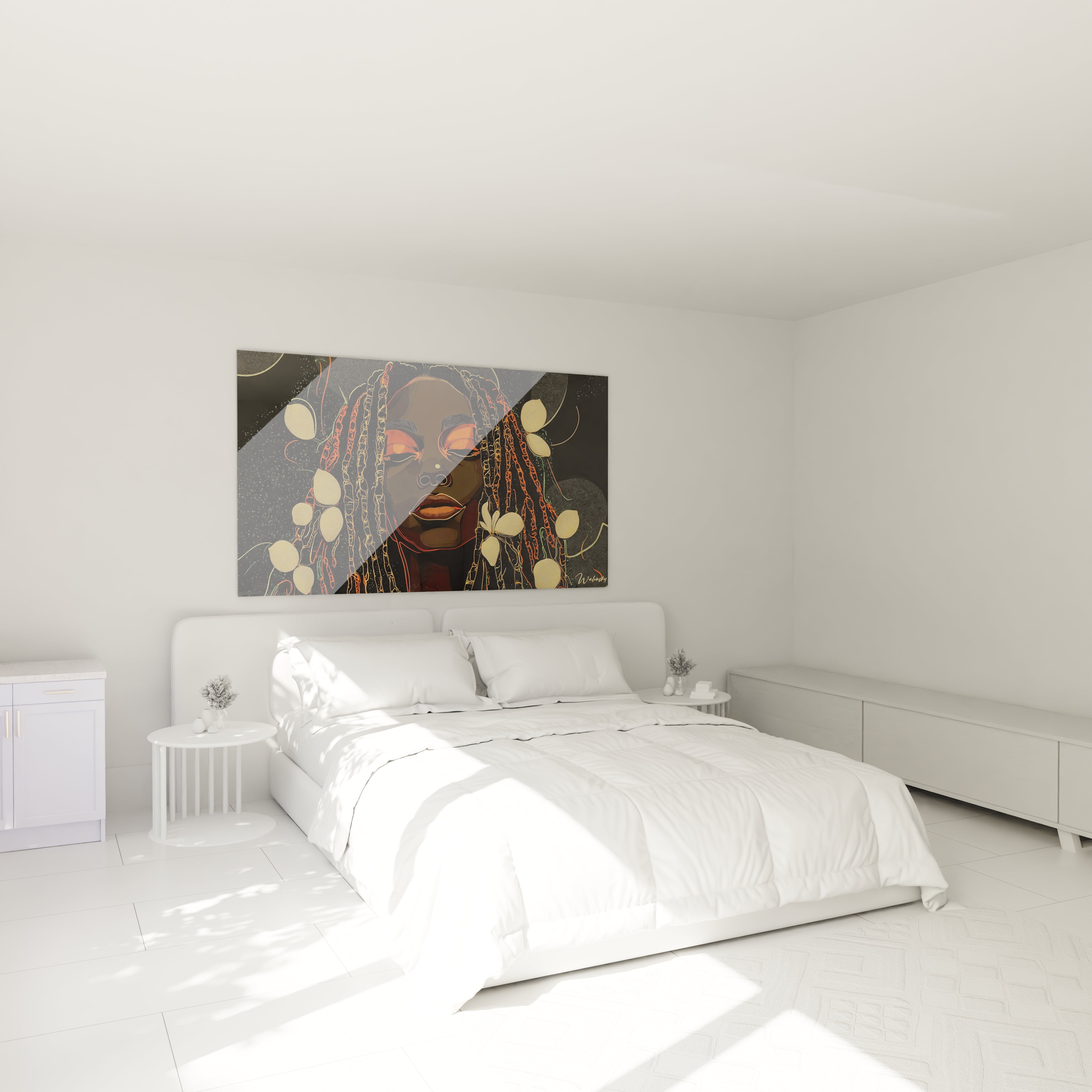 Tableau africain mural Walensky représentant un visage féminin avec des ornements colorés dans une chambre lumineuse