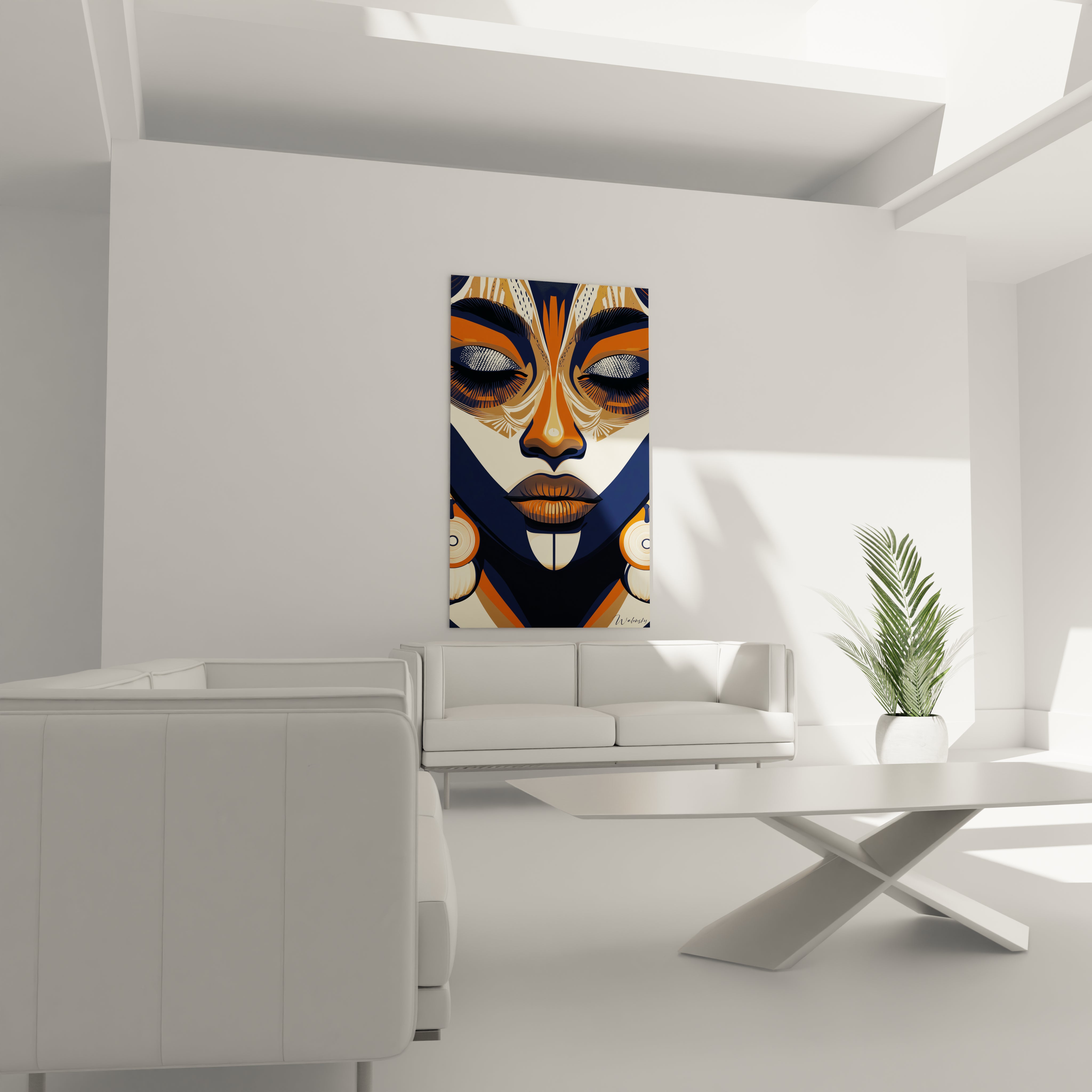 Tableau africain mural Walensky représentant un visage stylisé en couleurs chaudes dans un salon moderne lumineux