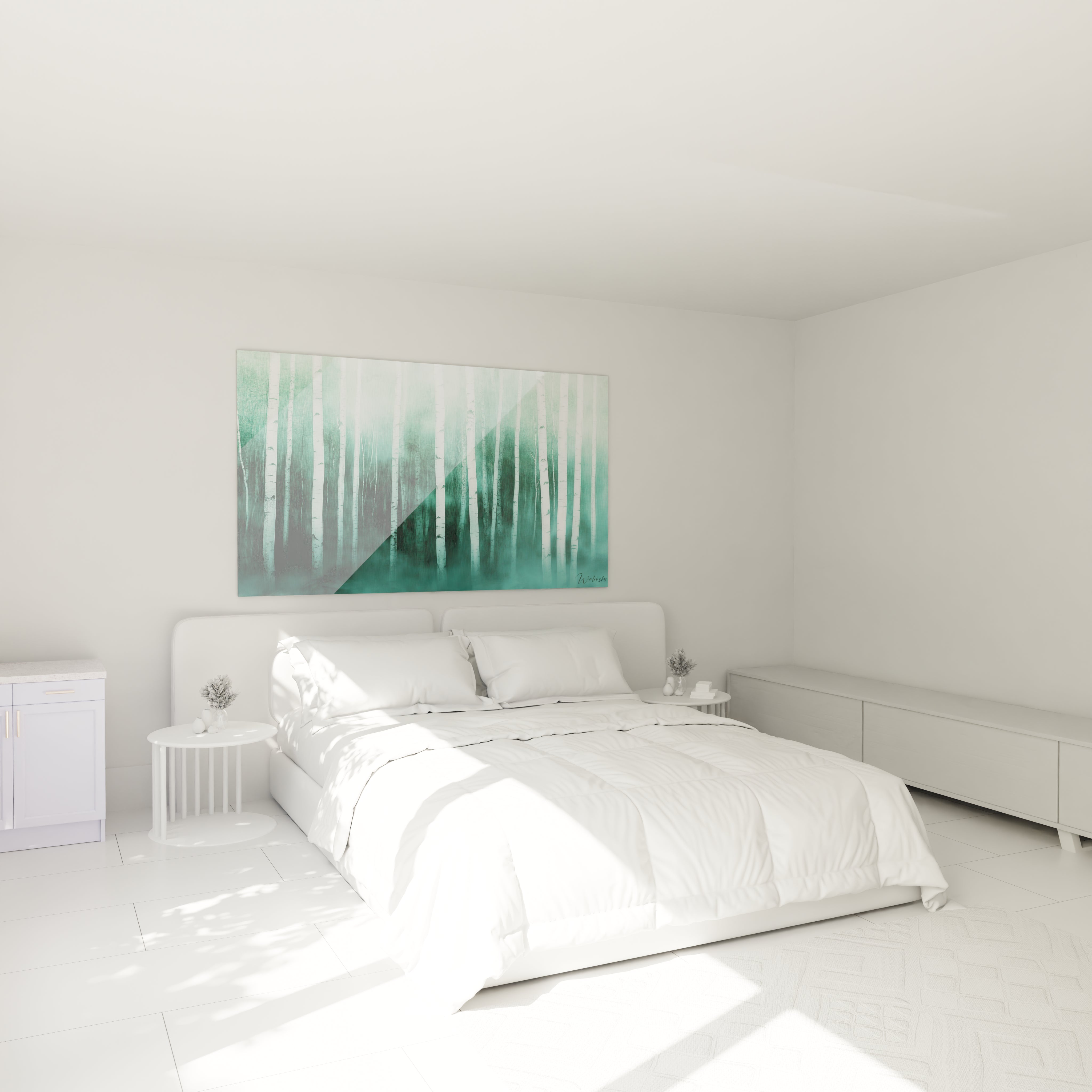 Tableau forêt Walensky en vert et blanc suspendu au-dessus d'un lit dans une chambre moderne et lumineuse