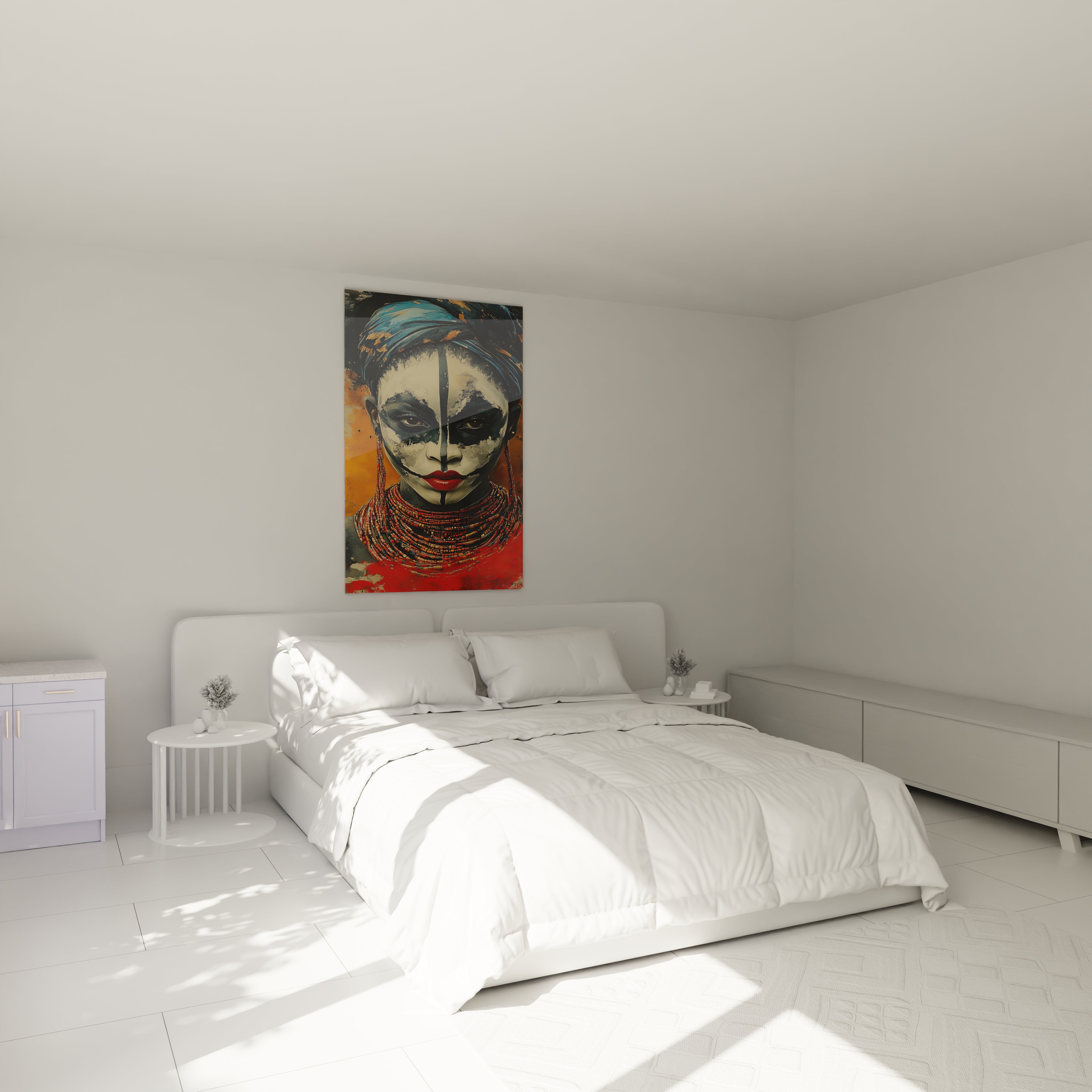 Tableau africain mural Walensky représentant un portrait coloré accroché au-dessus d'un lit moderne blanc