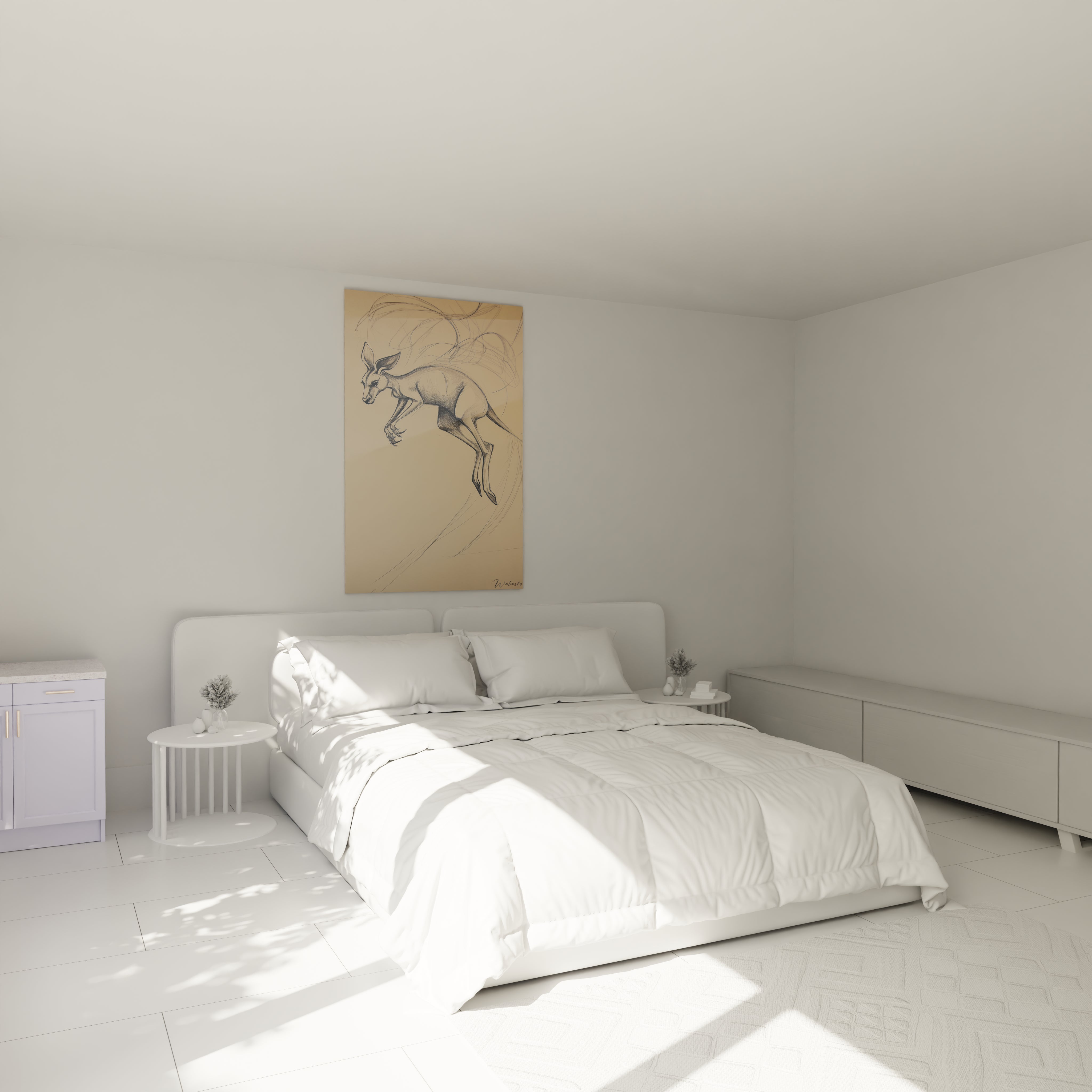 Tableau kangourou Walensky accroché au-dessus d'un lit blanc dans une chambre minimaliste lumineuse