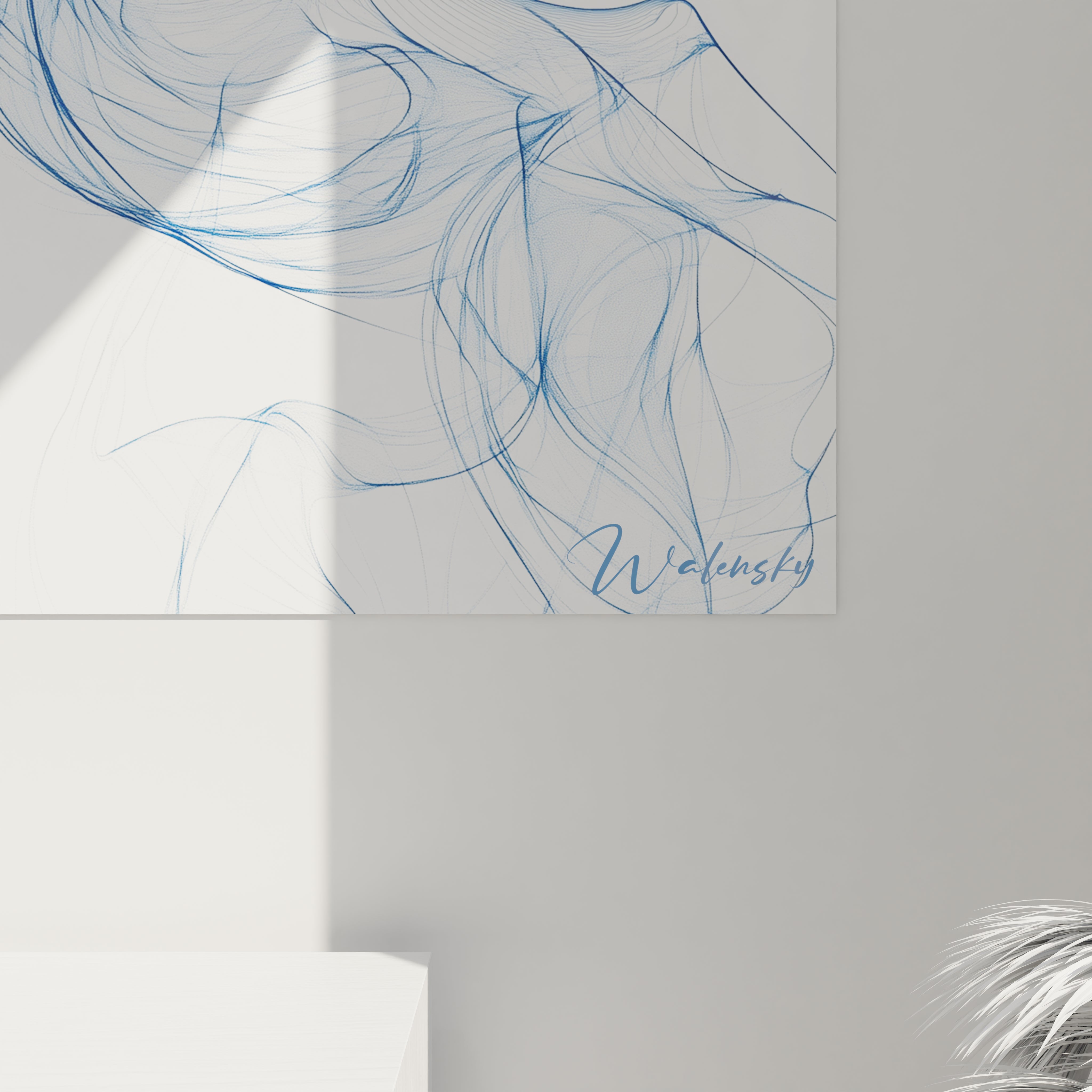 Tableau bouddha Walensky avec dessin abstrait en lignes bleues sur fond blanc accroché sur un mur clair