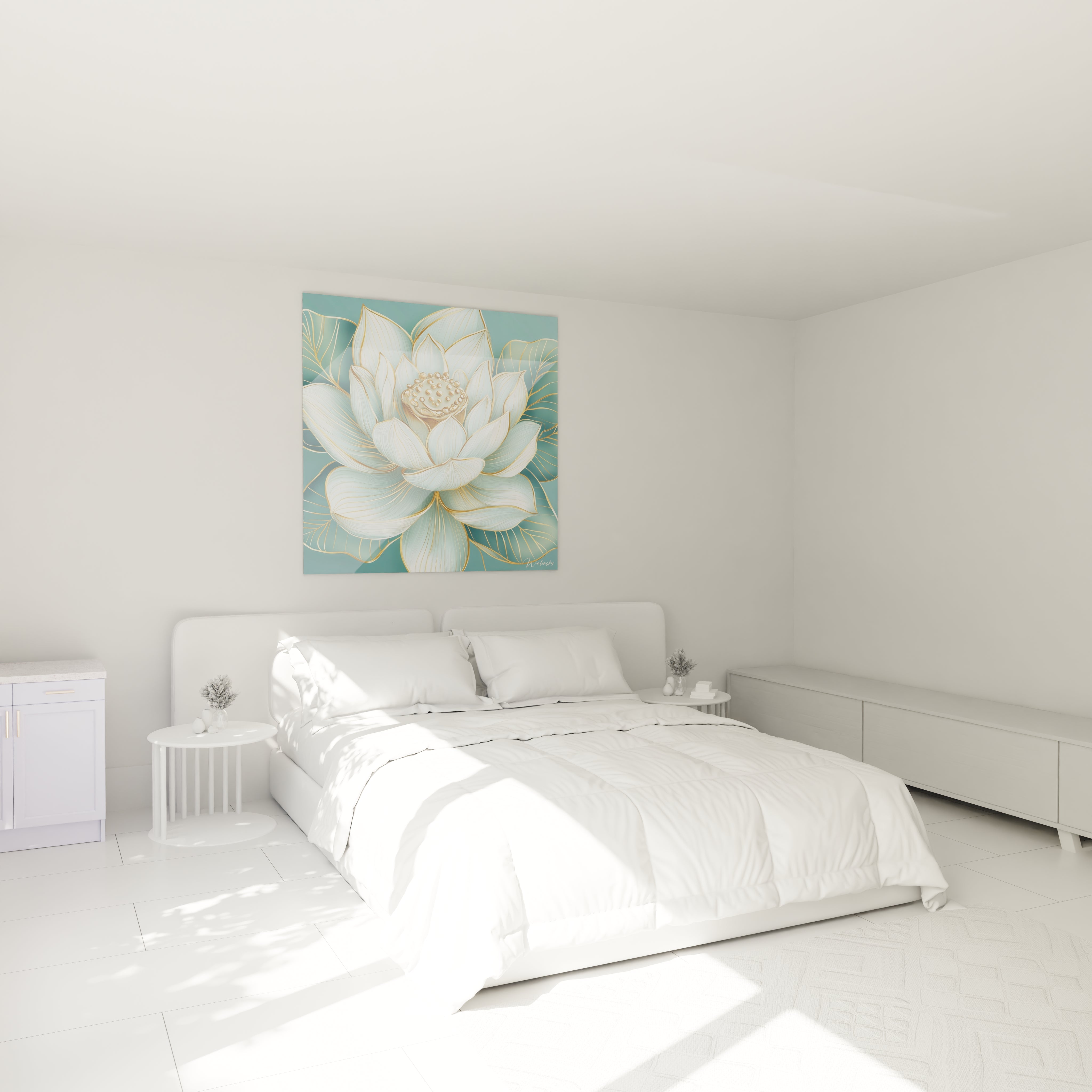 Tableau fleur de lotus Walensky avec dessin blanc et vert accroché au-dessus d'un lit blanc moderne dans une chambre minimaliste