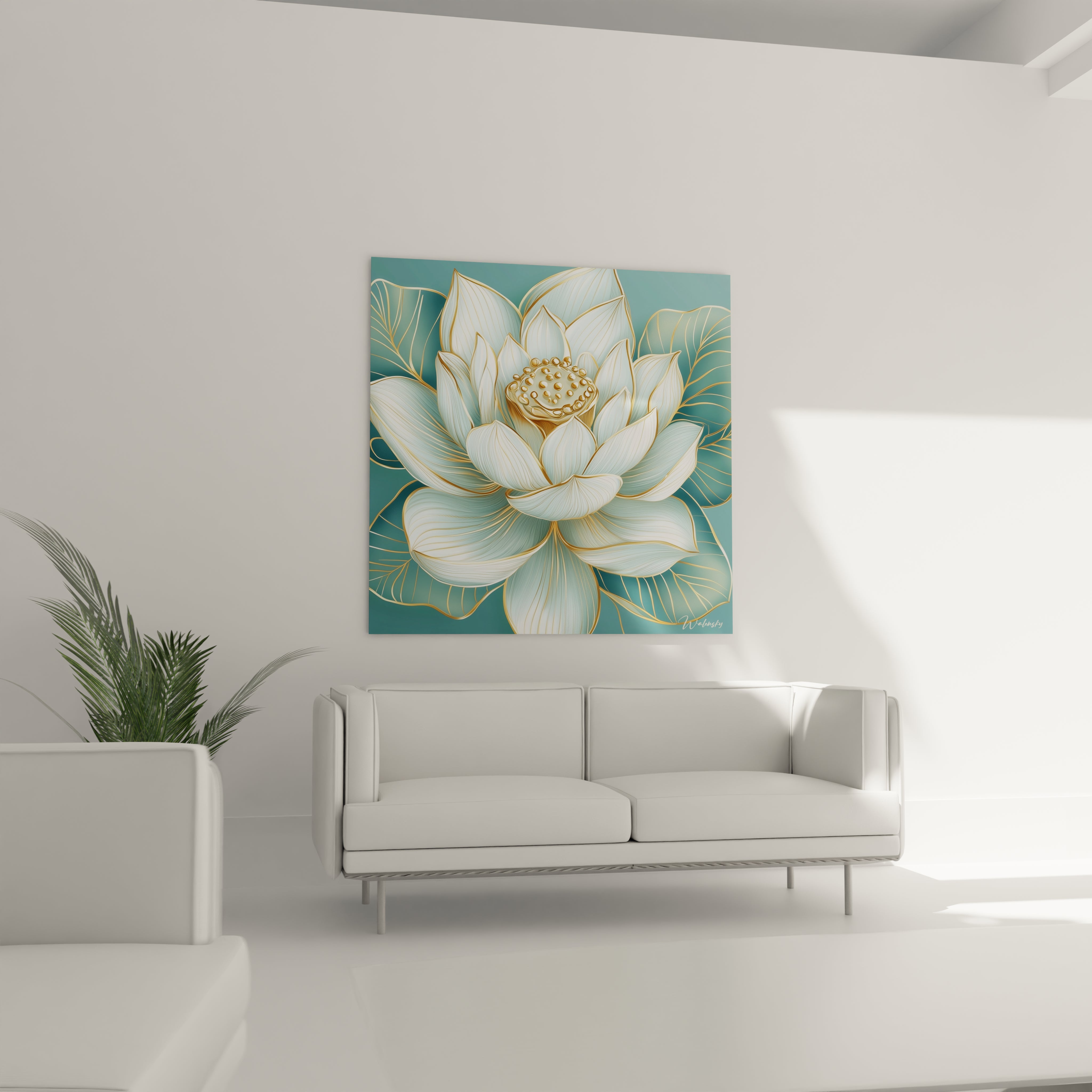 Tableau fleur de lotus blanc avec détails dorés sur fond bleu vert dans un salon moderne