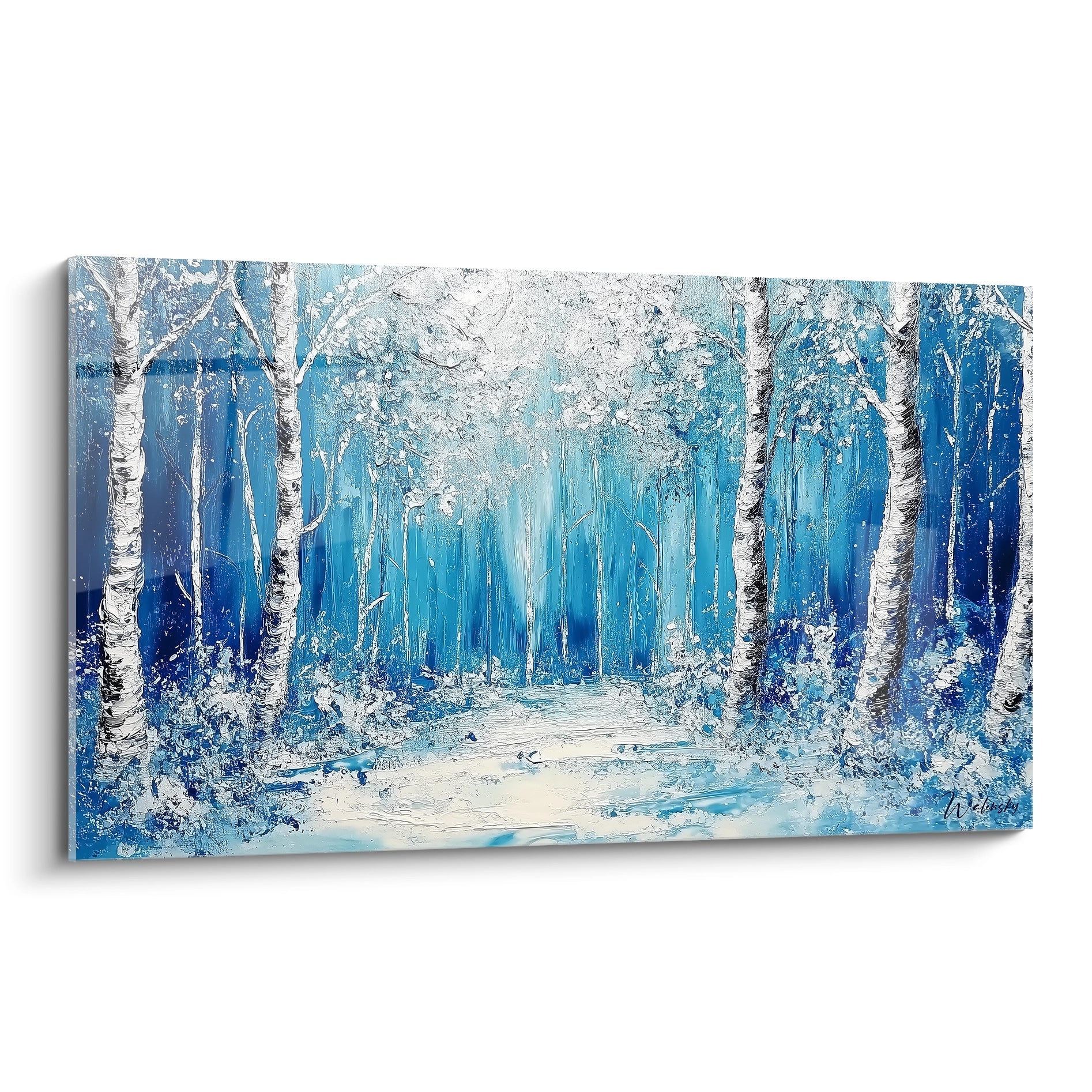Tableau forêt Walensky ambiance hiver avec arbres blancs et décor bleu apaisant