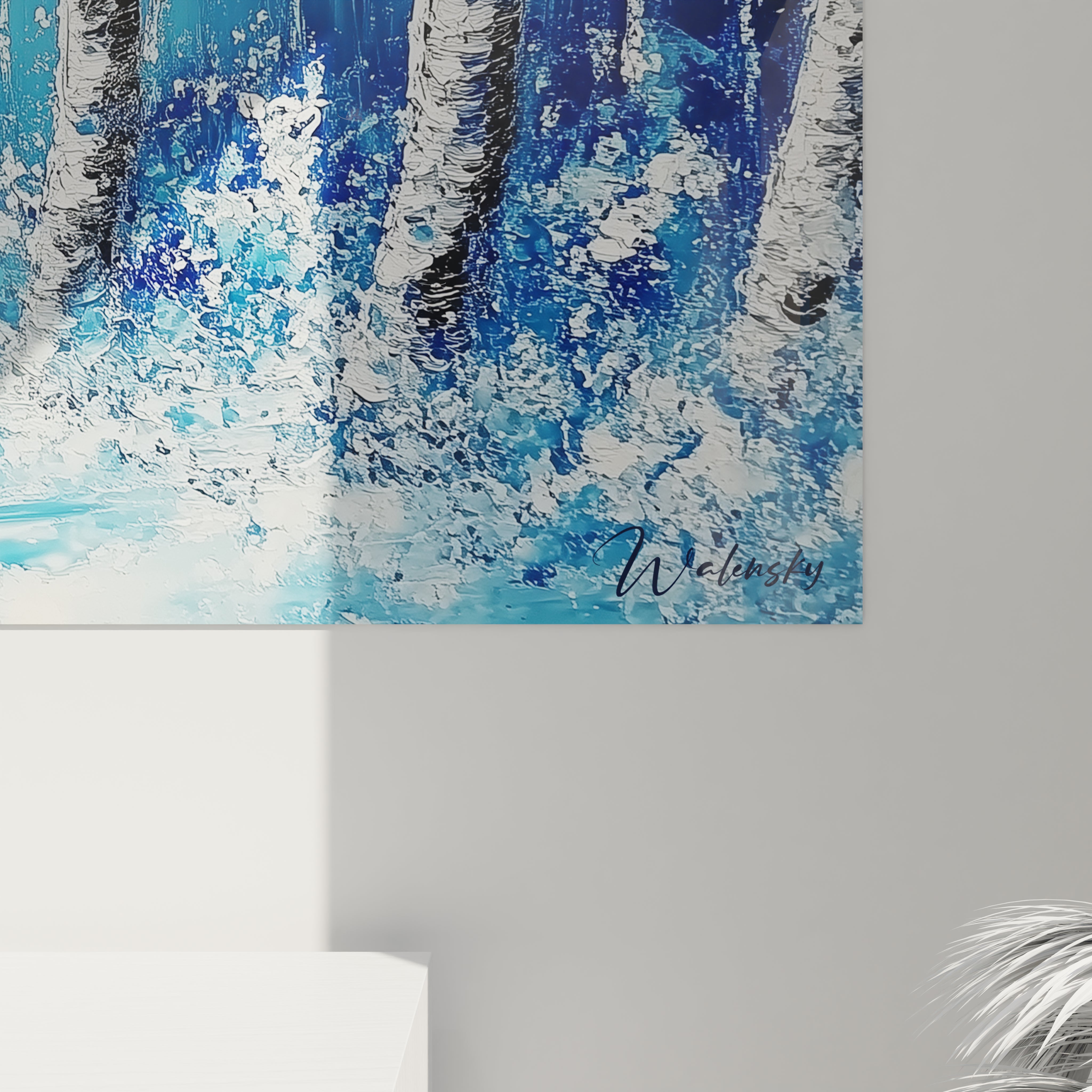 Tableau forêt avec peinture texturée d'arbres blancs sur fond bleu signé Walensky