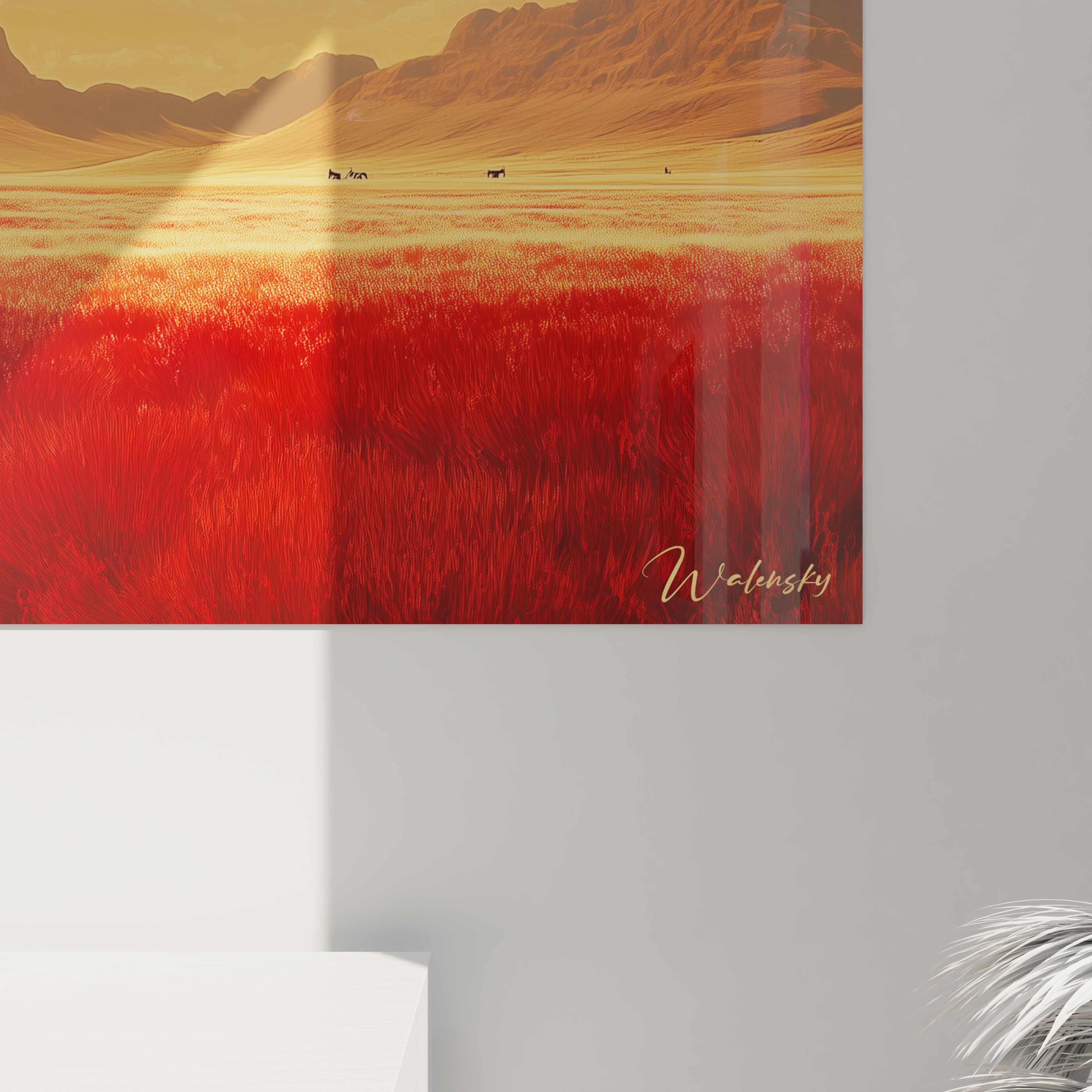 Tableau gnous de Walensky représentant une savane rouge avec des gnous et montagnes en arrière-plan