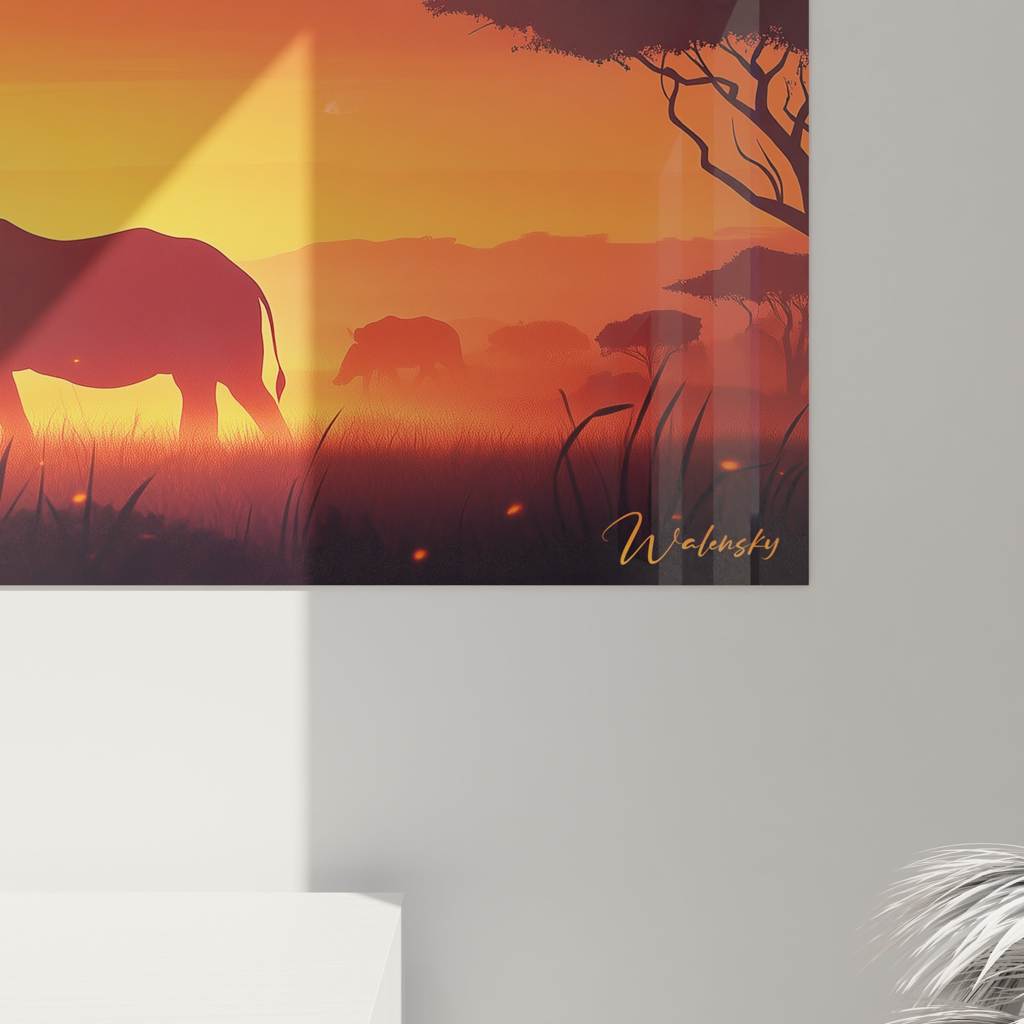 Tableau rhinocéros Walensky représentant un rhinocéros au coucher du soleil en savane africaine