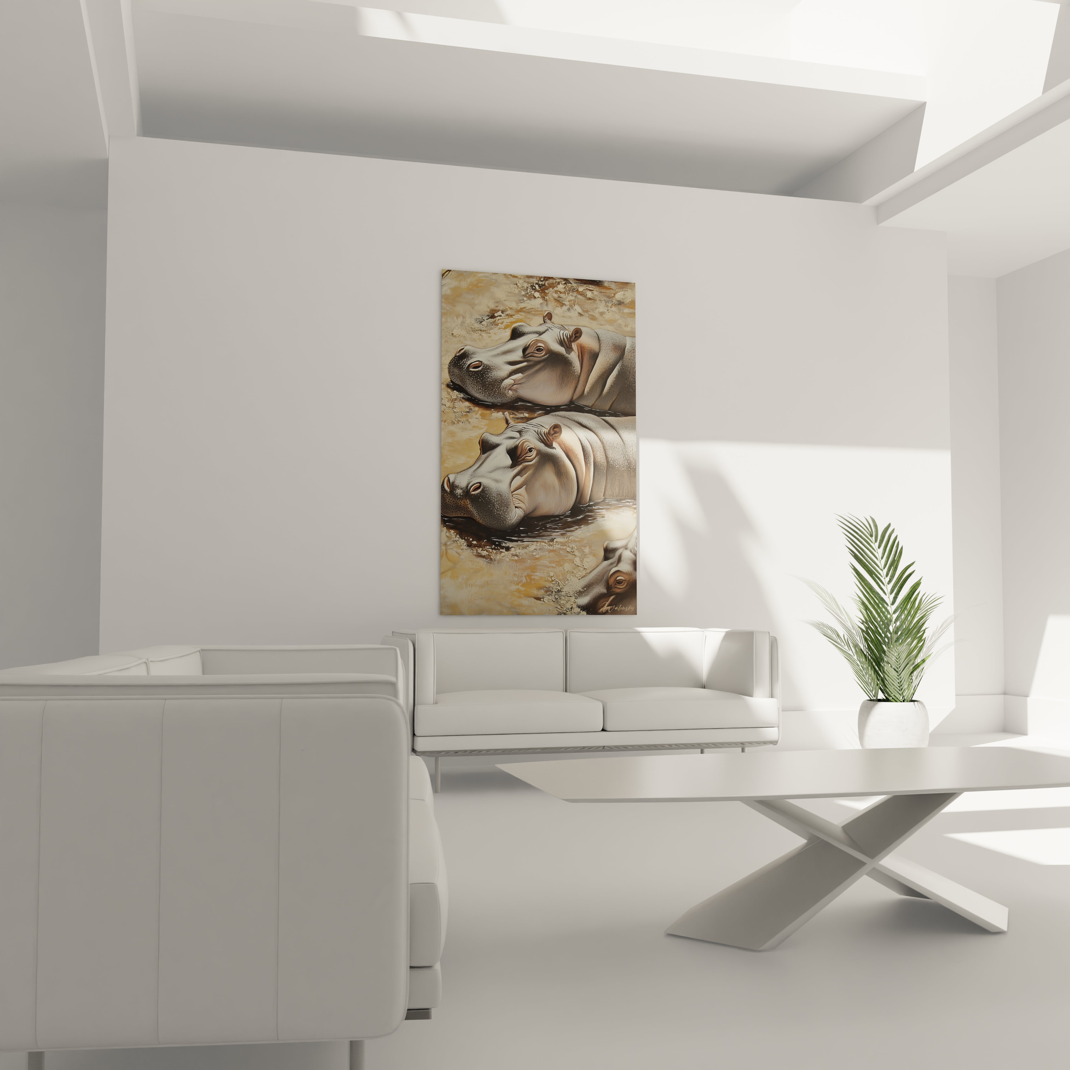 Tableau hippopotame Walensky représentant deux hippopotames dans l'eau décorant un salon moderne blanc