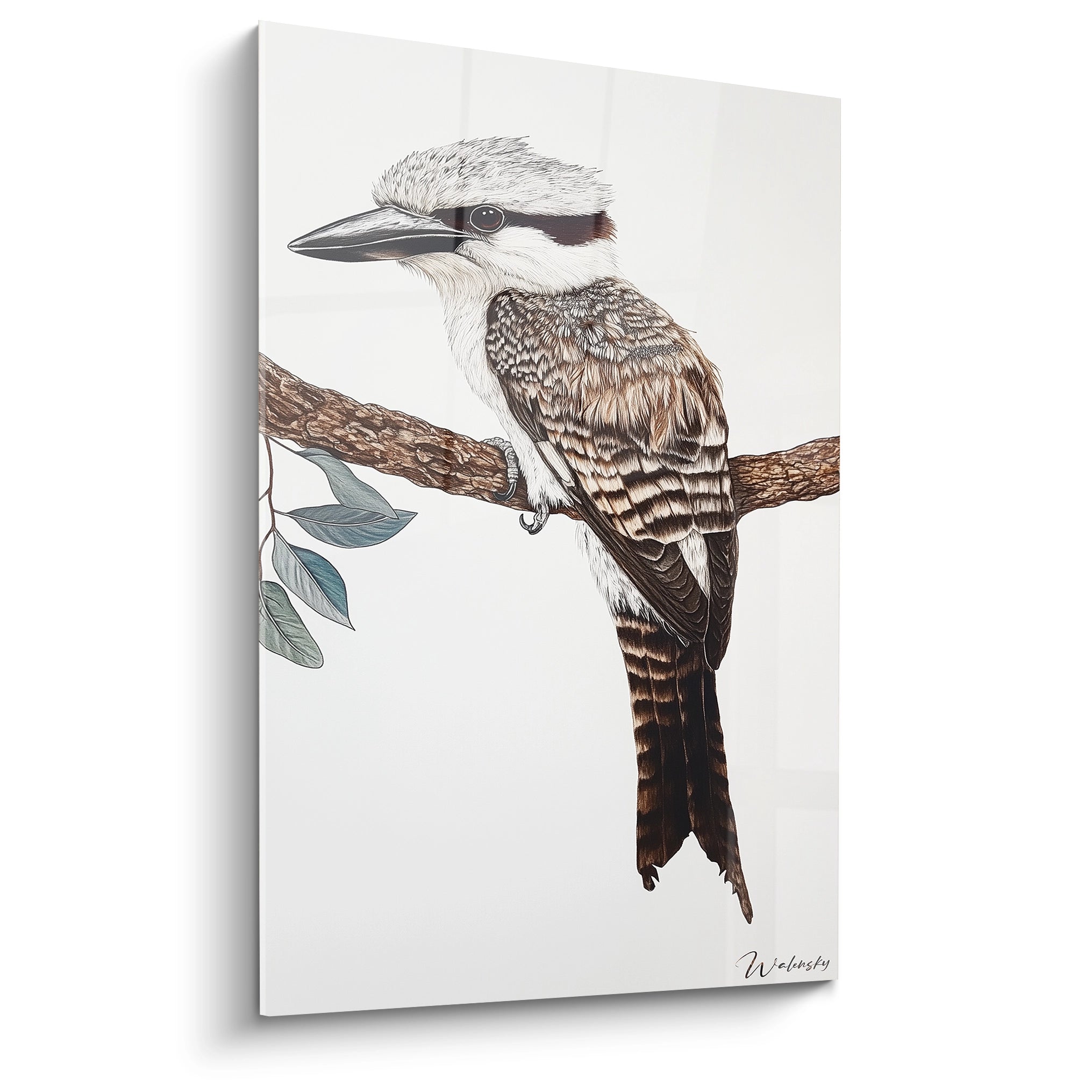 Tableau oiseau Walensky représentant un martin-chasseur posé sur une branche avec des feuilles