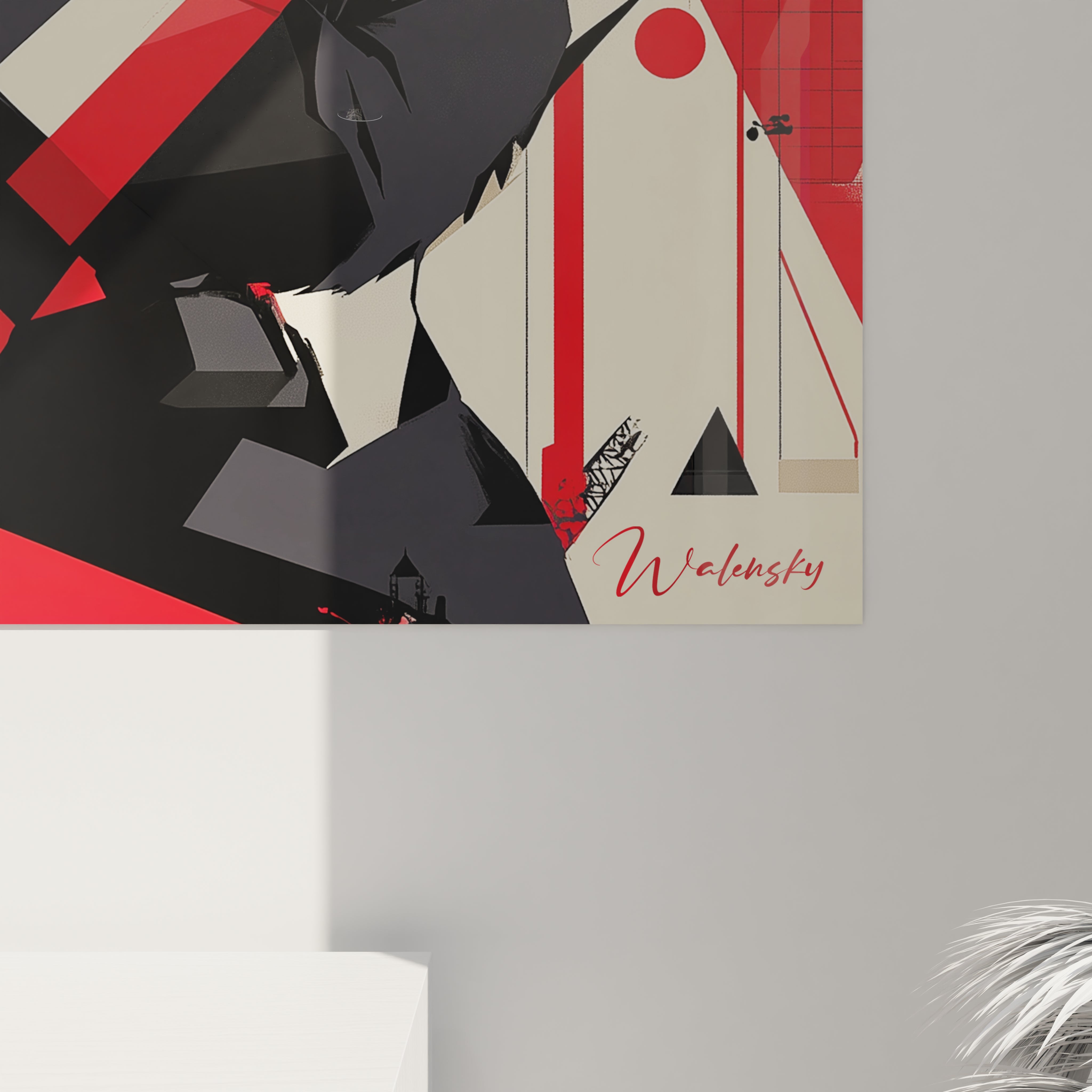 Tableau panda abstrait signé Walensky avec formes géométriques rouges, noires et crème décorant un mur