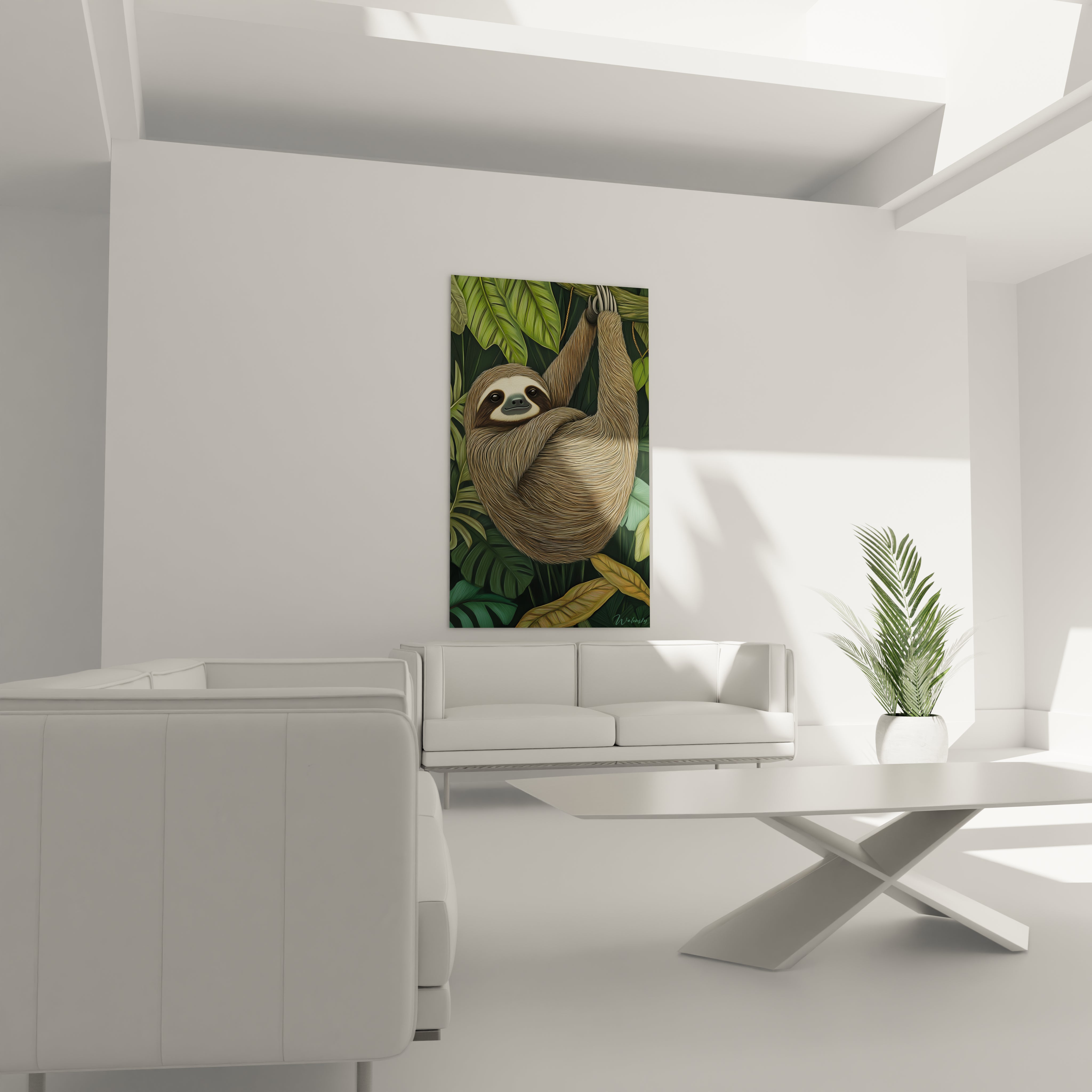 Tableau paresseux Walensky représentant un paresseux suspendu parmi des feuilles vertes dans un salon moderne blanc