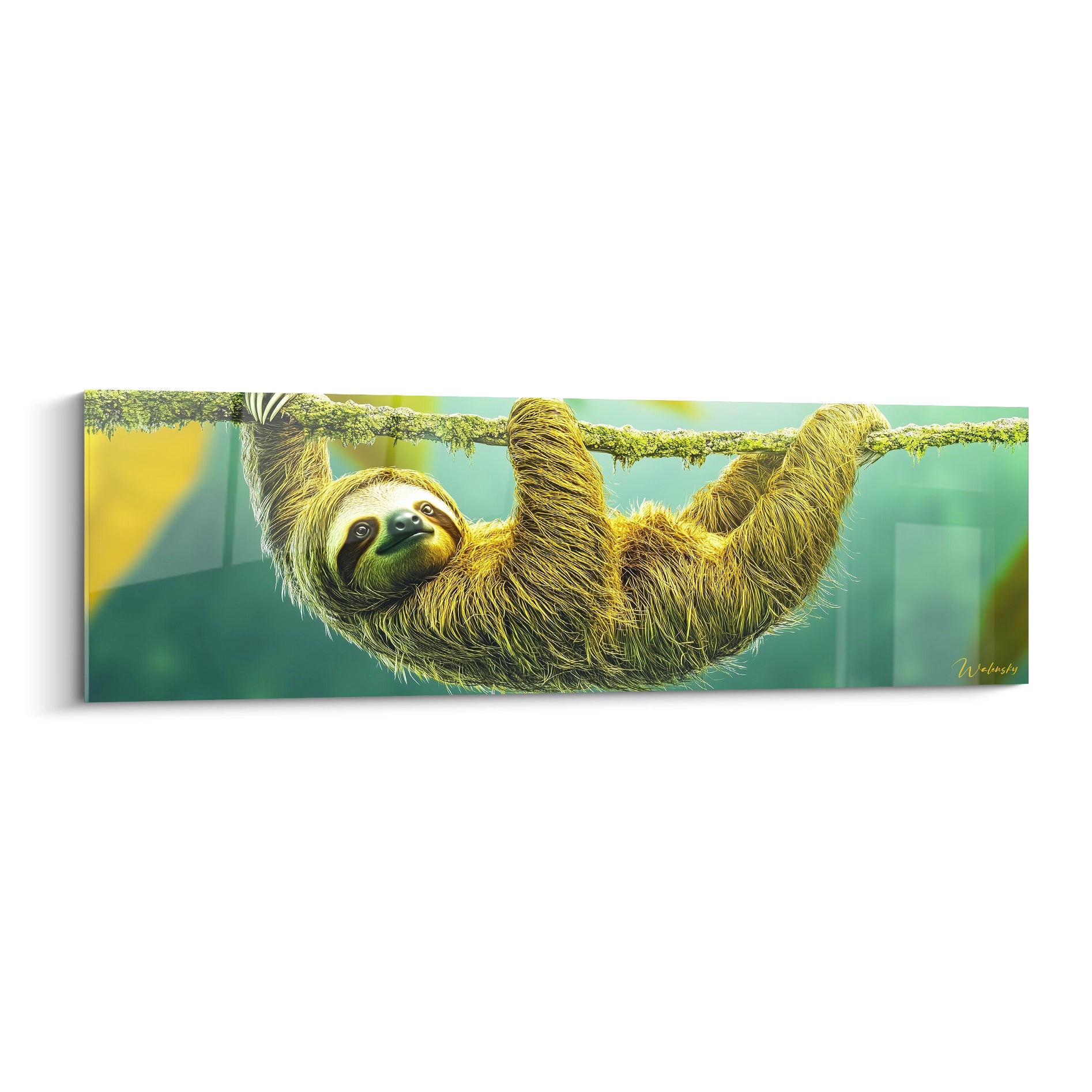 Tableau paresseux Walensky avec illustration d'un paresseux suspendu à une branche dans un décor naturel