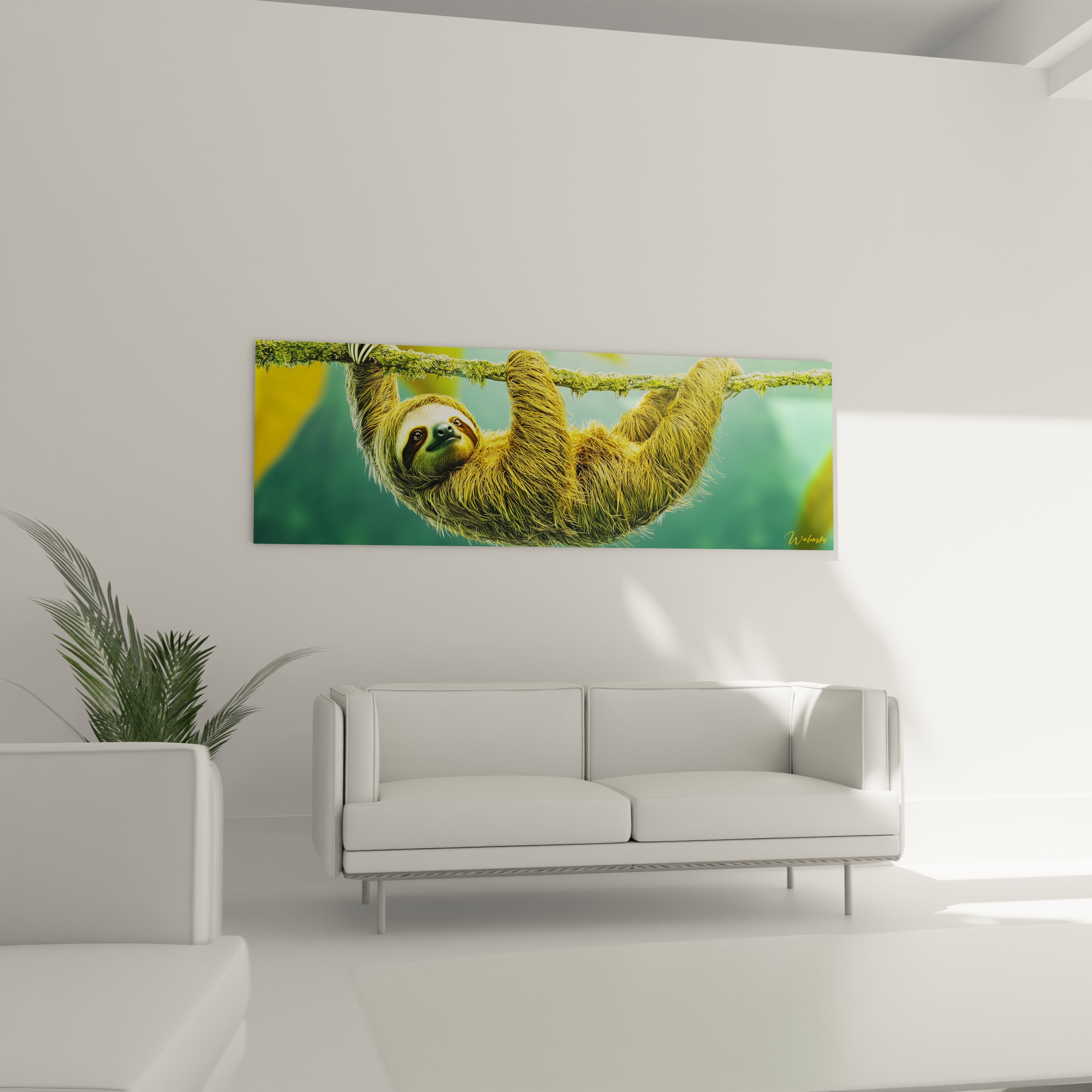 Tableau paresseux Walensky avec illustration d'un paresseux accroché à une branche dans un salon moderne