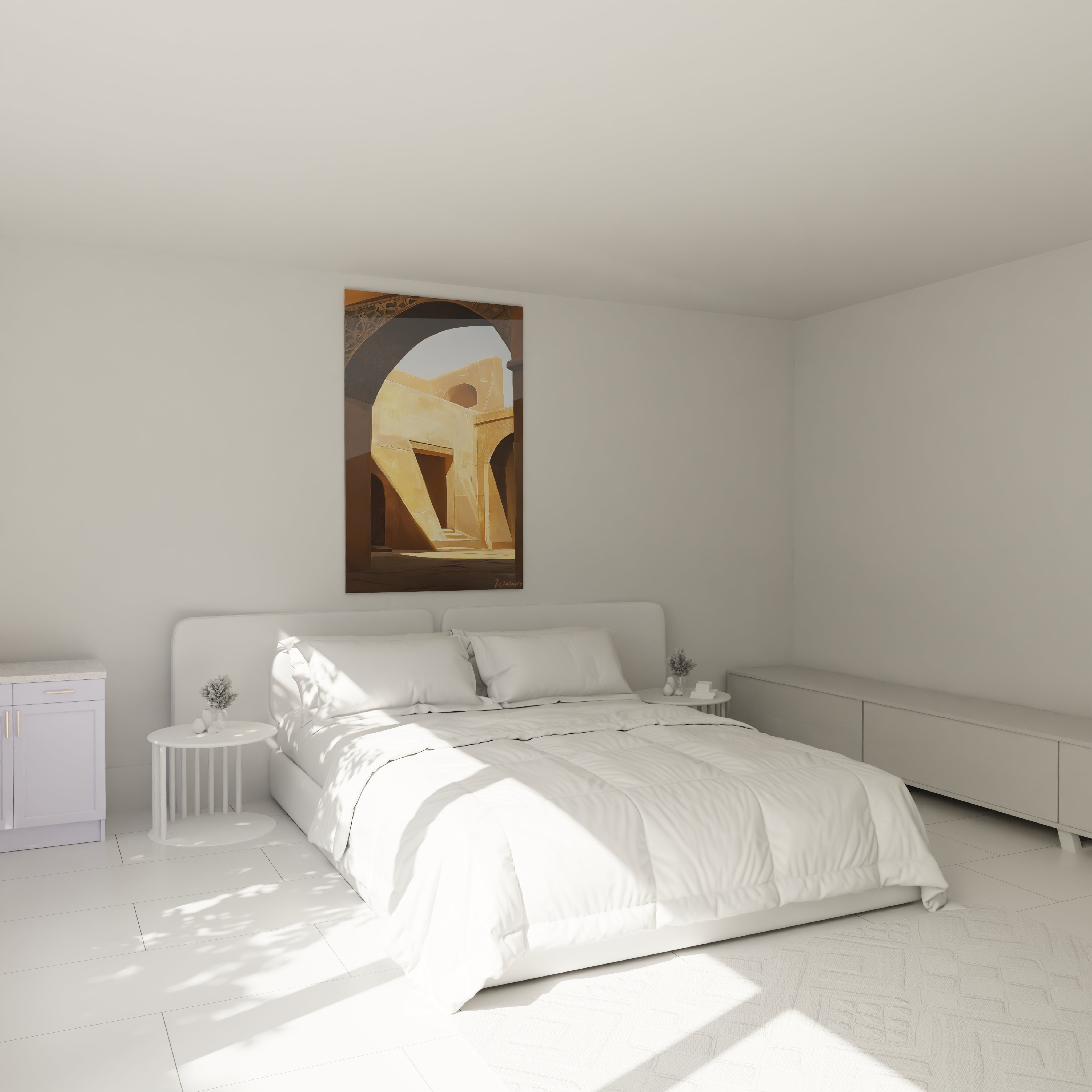 Tableau africain mural Walensky avec motifs géométriques sable dans une chambre moderne lumineuse