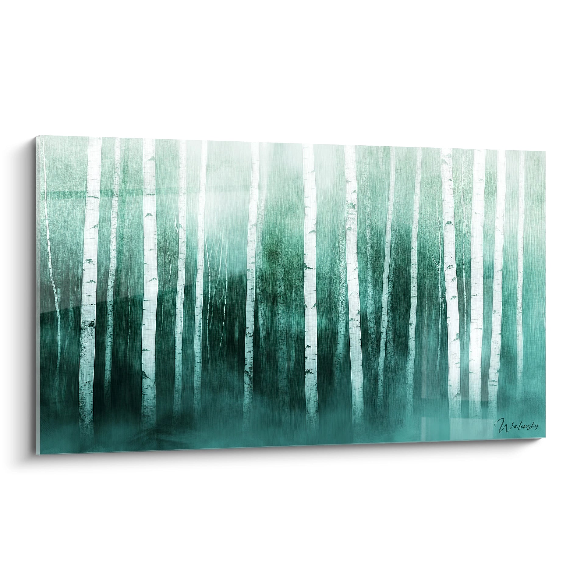 Tableau forêt Walensky avec arbres blancs élancés sur fond brumeux vert et bleu