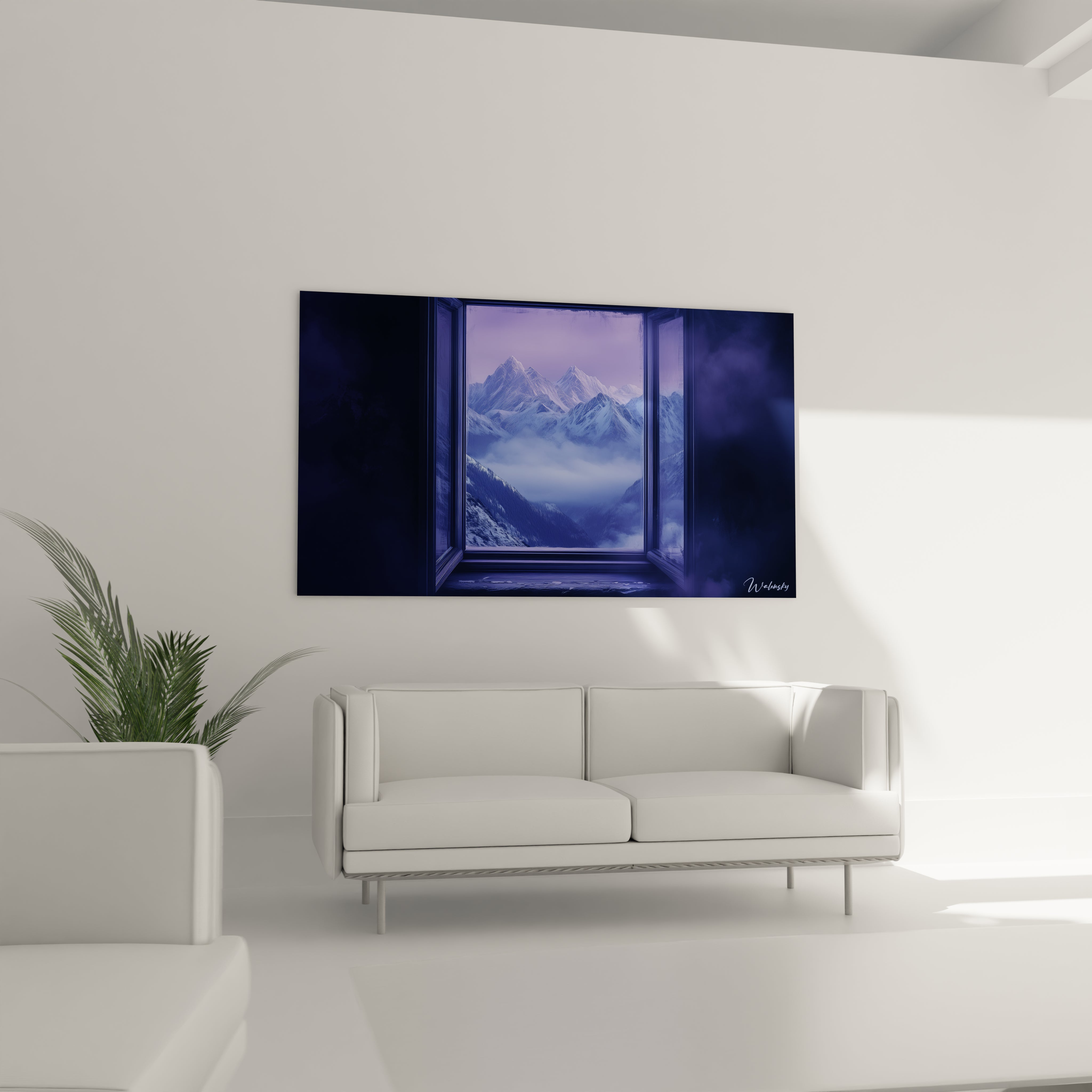 Tableau trompe l'oeil Walensky représentant une fenêtre ouverte sur des montagnes enneigées dans un salon moderne