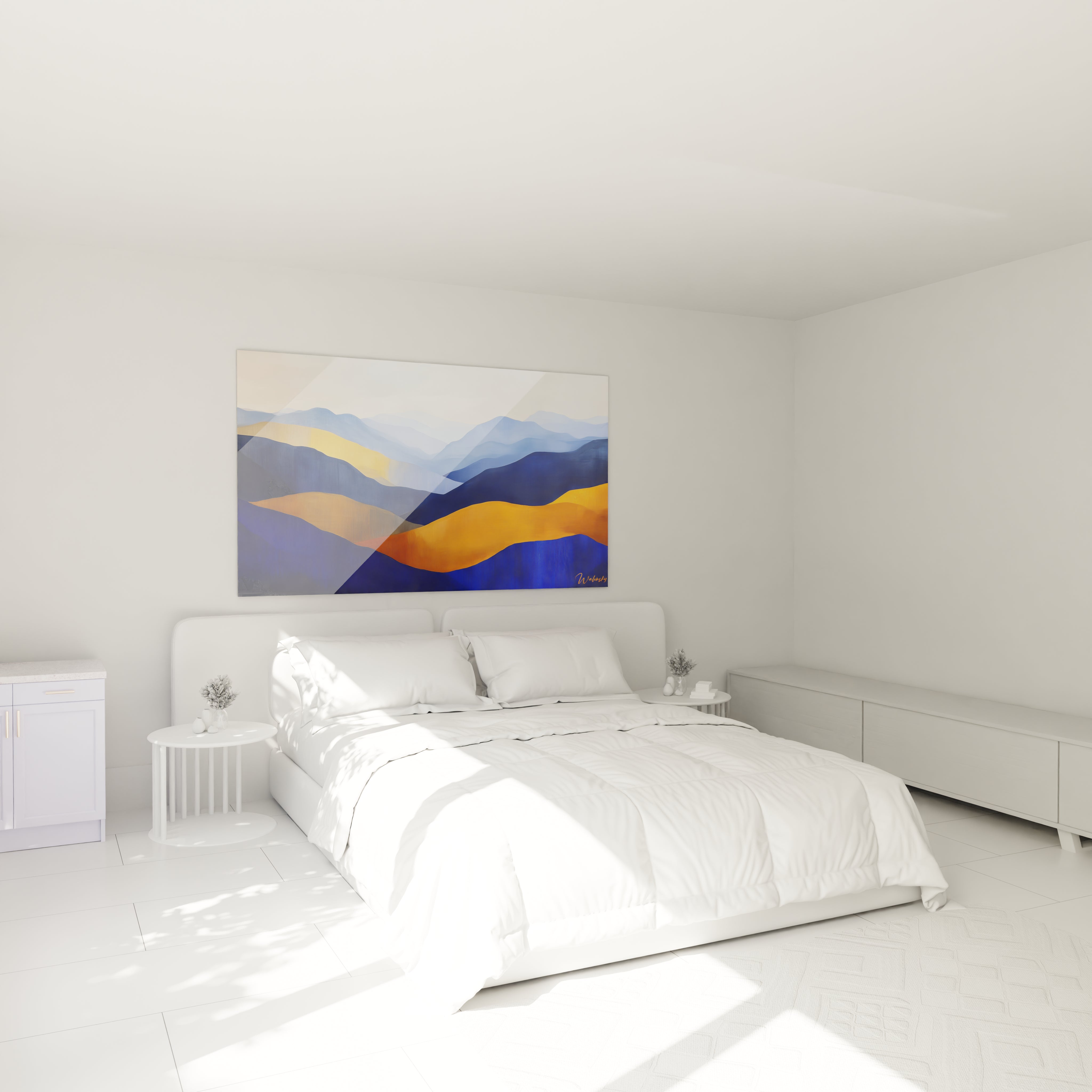 Tableau moderne abstrait de Walensky avec des vagues bleues et jaunes, idéal pour un décor contemporain