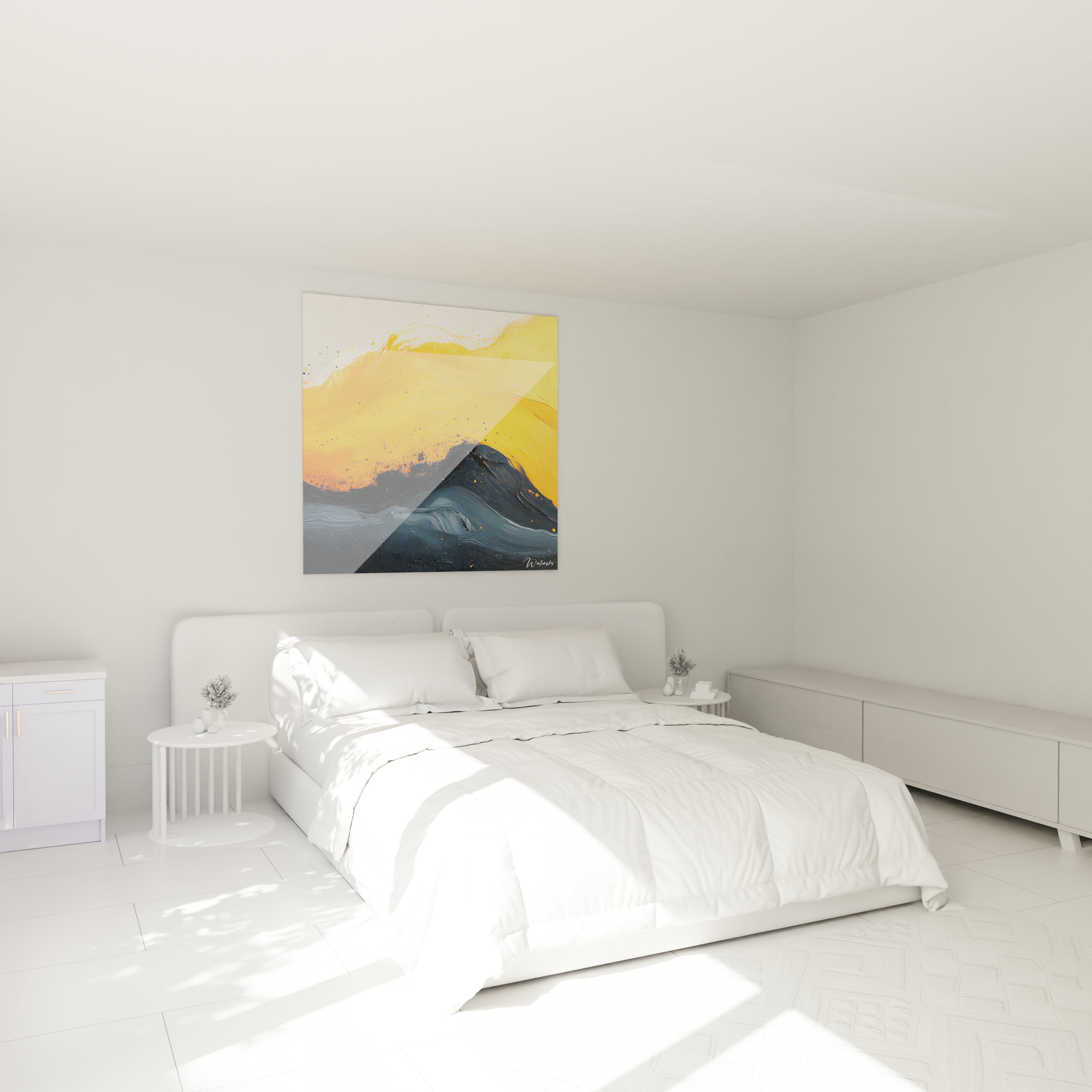 Tableau moderne abstrait de Walensky avec des vagues et des tons jaunes, parfait pour décorer une chambre contemporaine