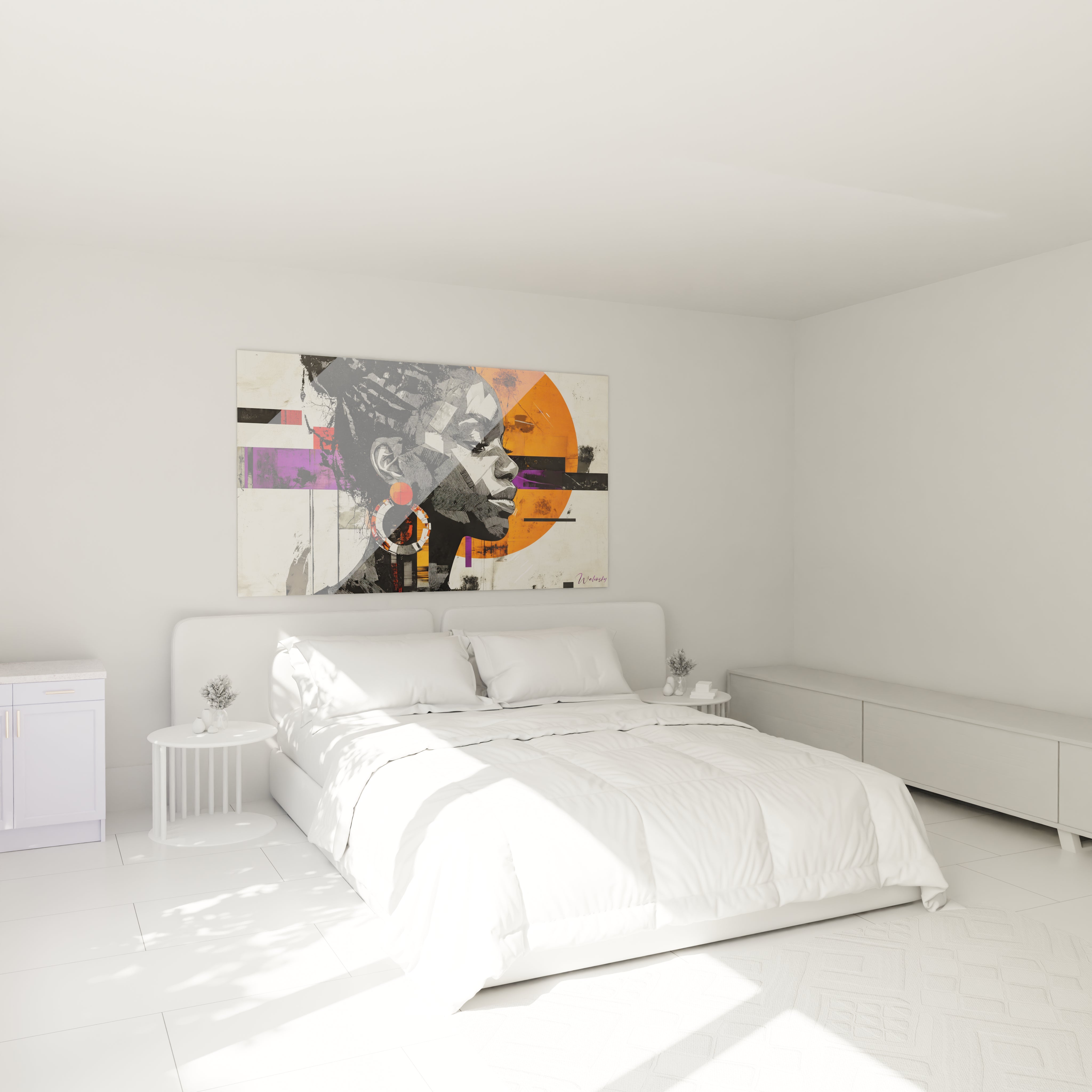 Tableau africain mural Walensky représentant portrait femme en noir blanc avec accents orange dans chambre moderne