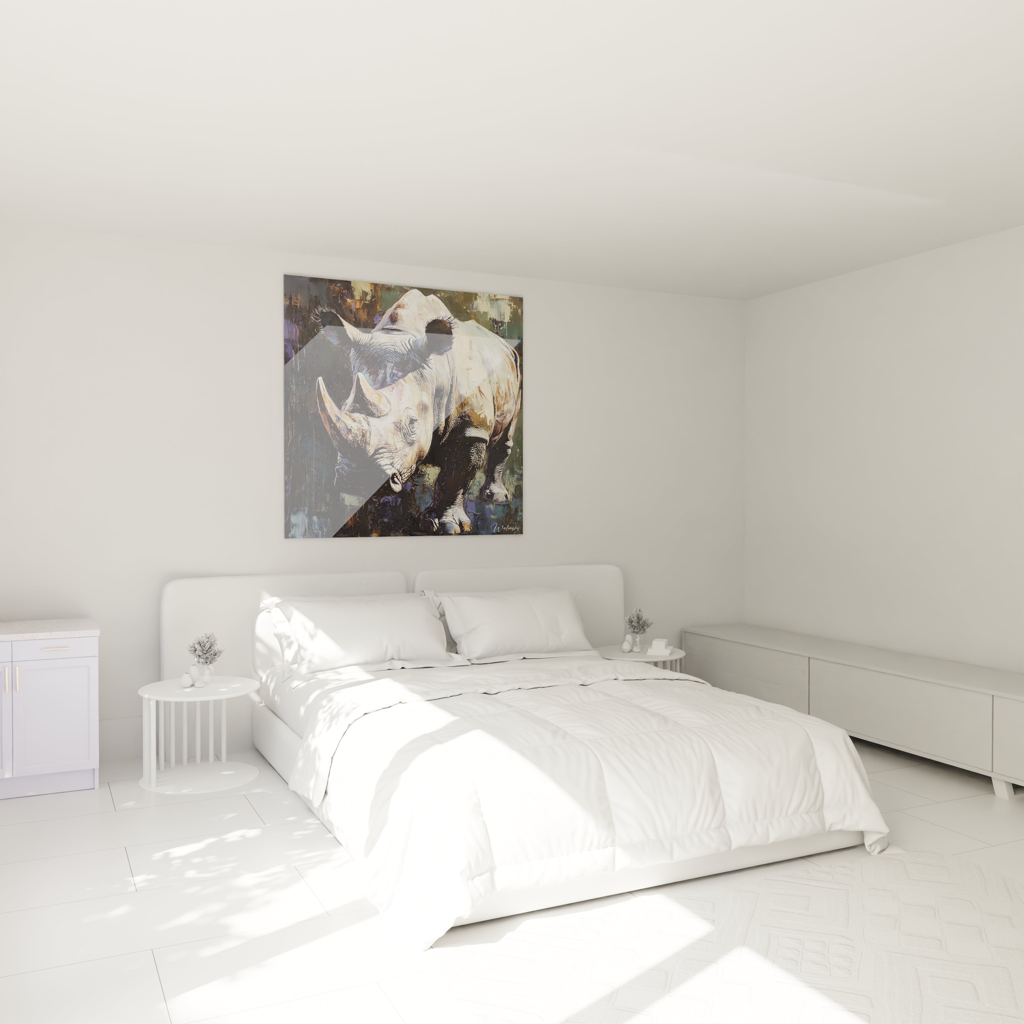 Tableau rhinocéros Walensky accroché au-dessus d'un lit moderne dans une chambre minimaliste blanche