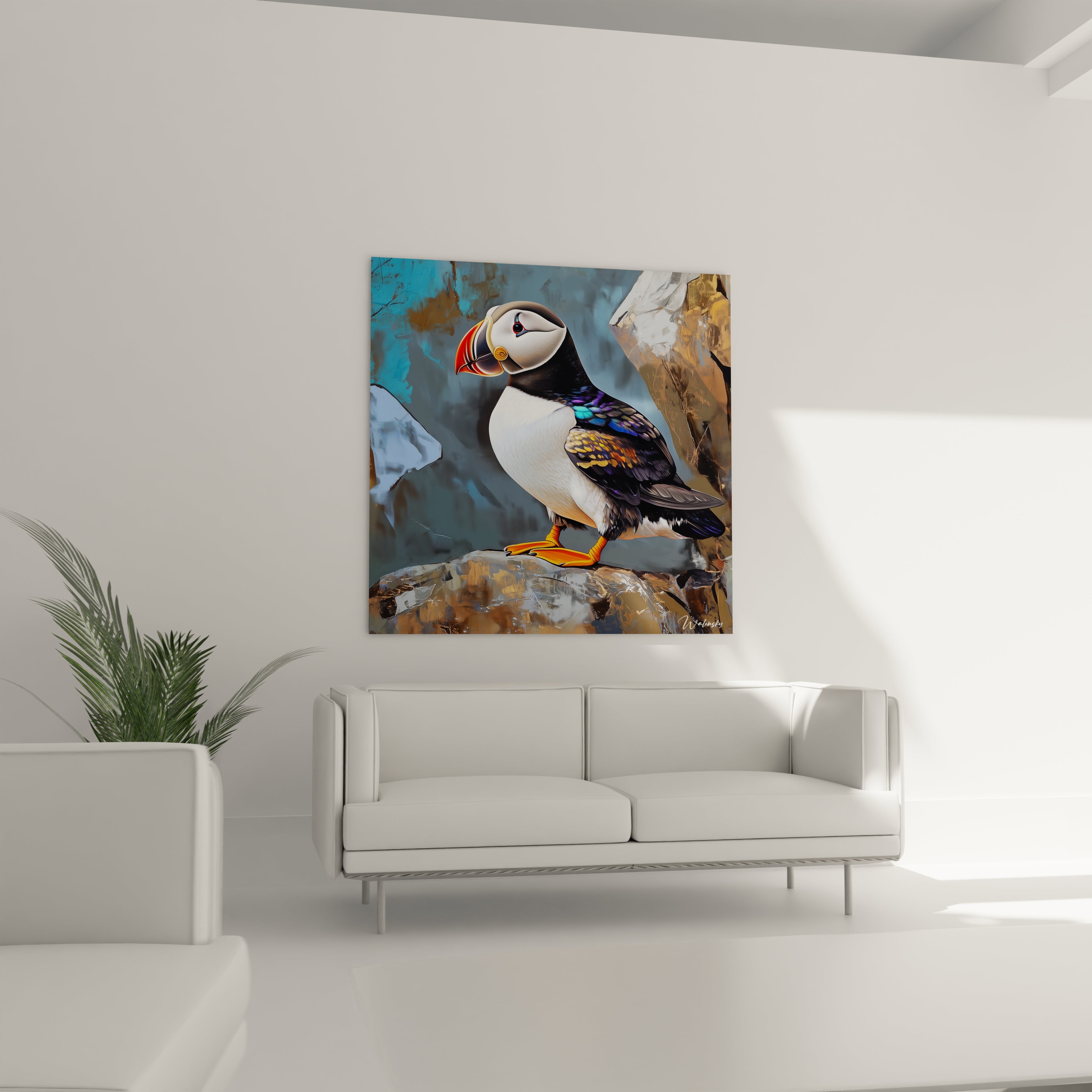 Tableau macareux coloré Walensky accroché au mur dans un salon moderne et lumineux