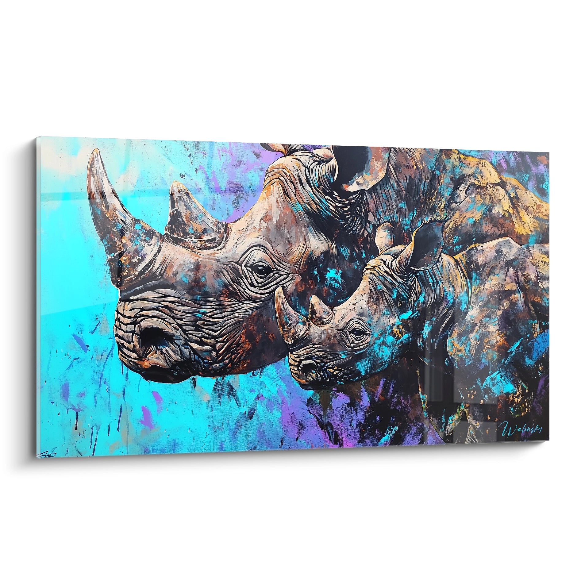 Tableau rhinocéros Walensky avec peinture colorée de deux rhinocéros sur fond bleu vibrant