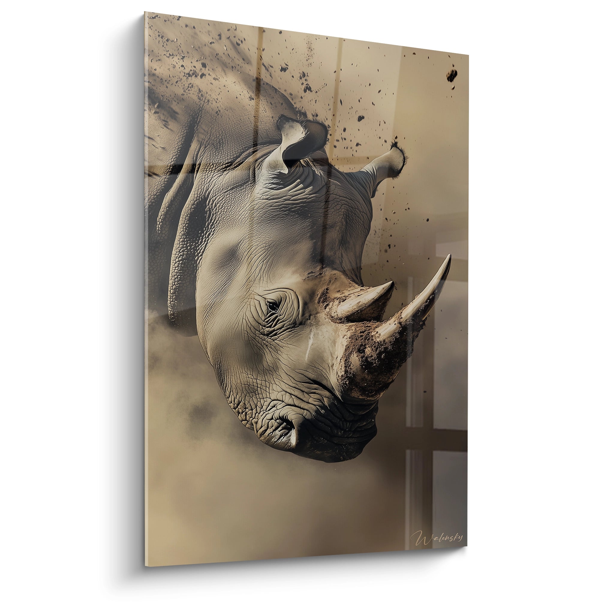 Tableau Walensky représentant un rhinocéros en gros plan avec détails réalistes et fond beige