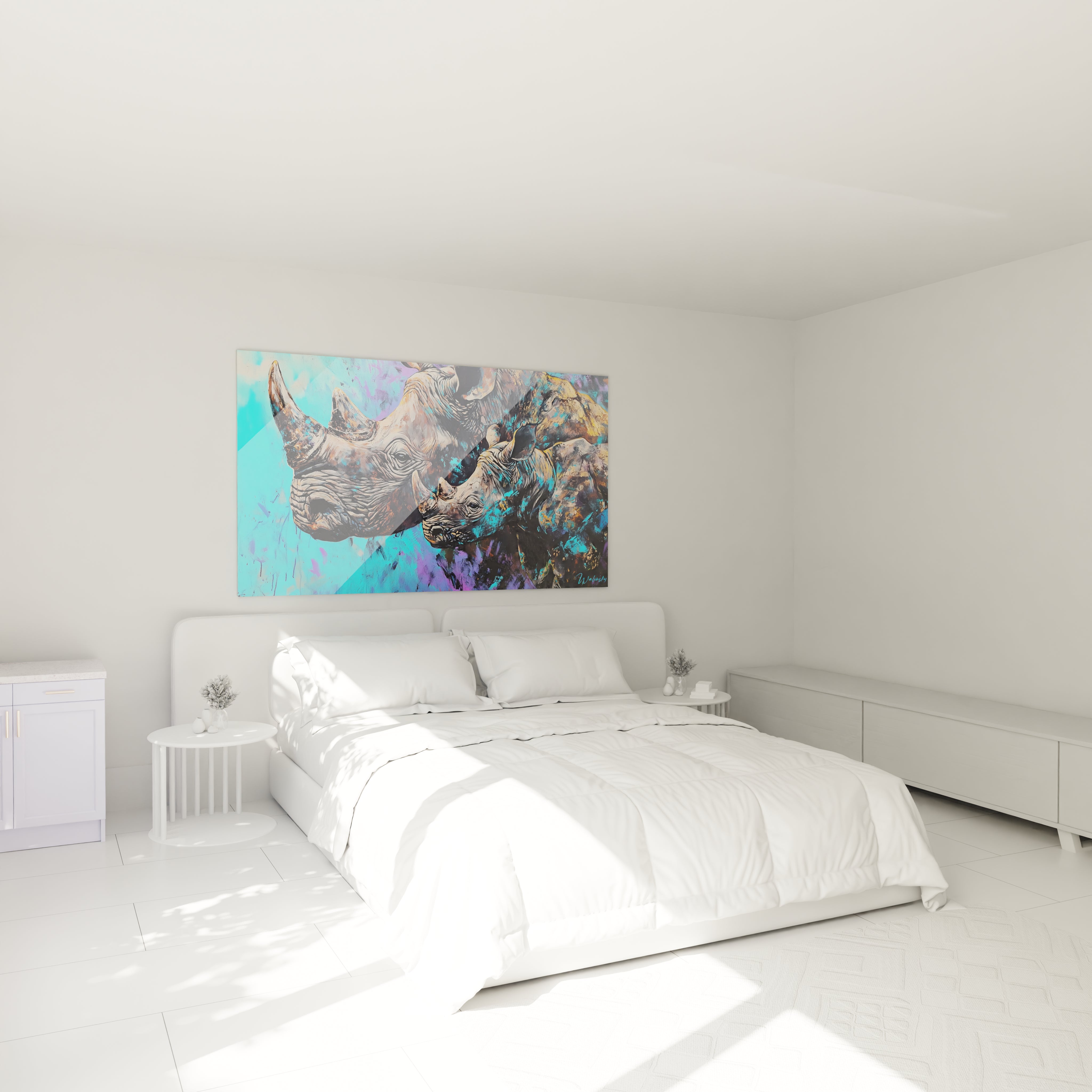 Tableau rhinocéros coloré Walensky accroché au mur d'une chambre blanche moderne