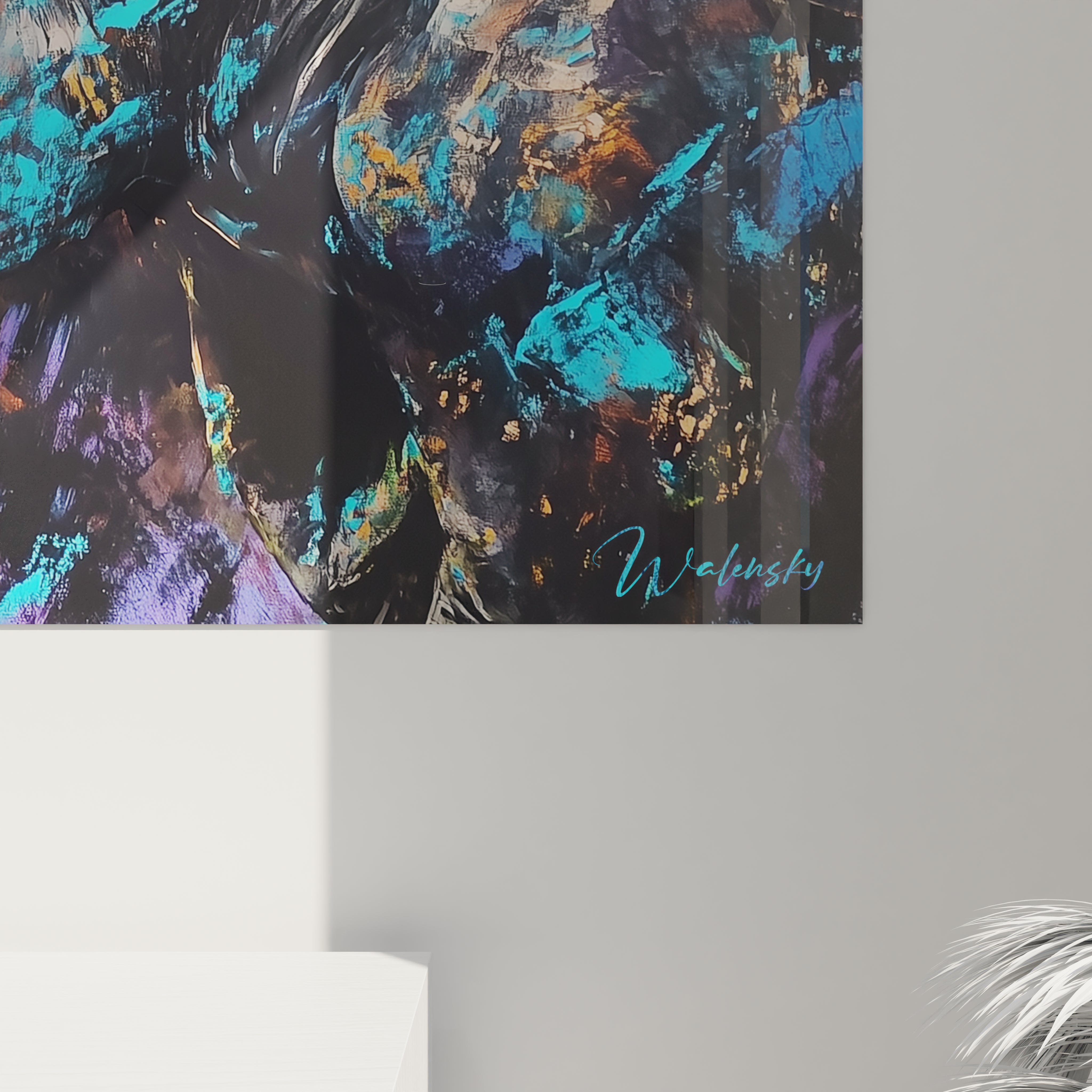 Tableau rhinocéros coloré de Walensky avec éclats de bleu et orange sur fond noir