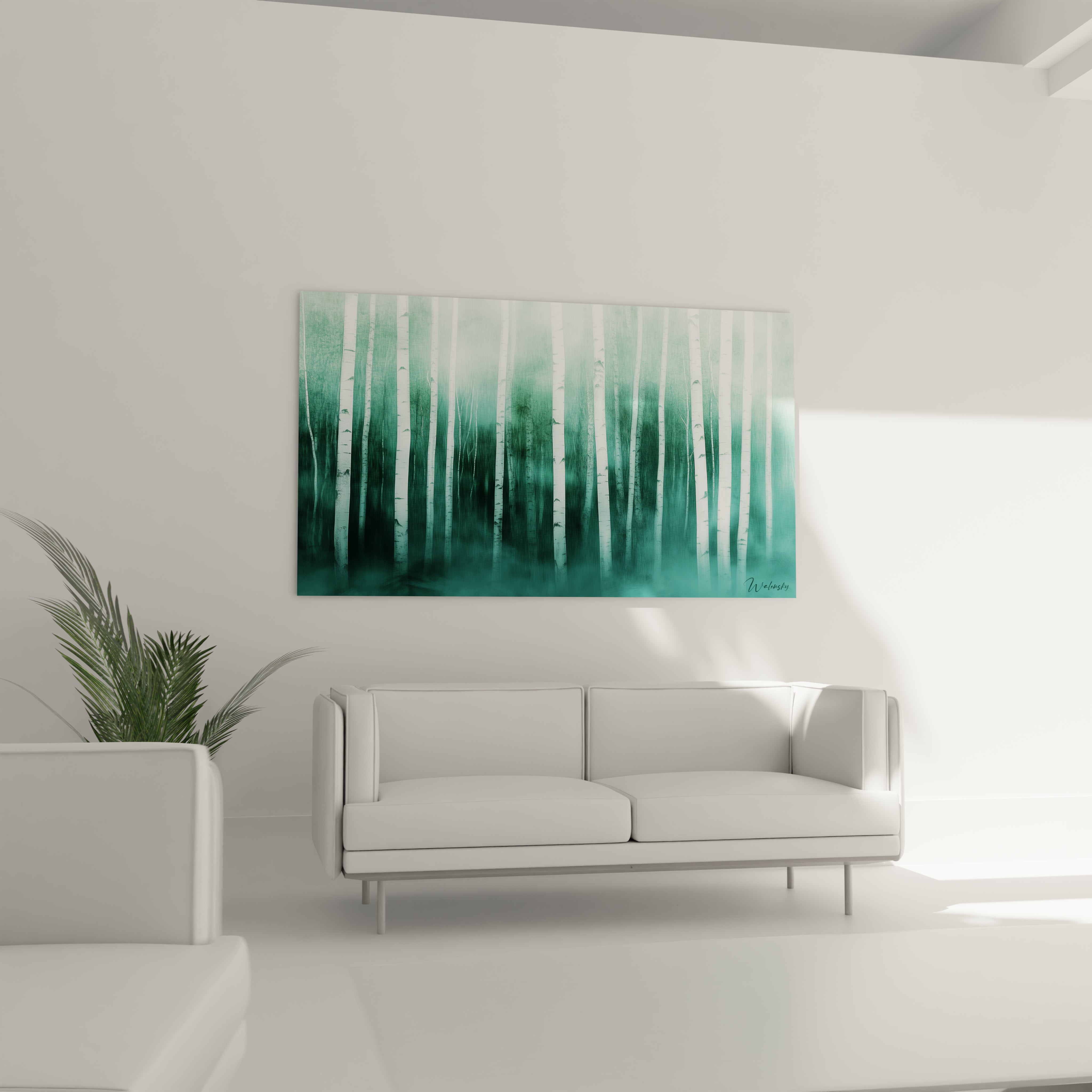 Tableau forêt vert Walensky avec arbres blancs dans un salon moderne minimaliste