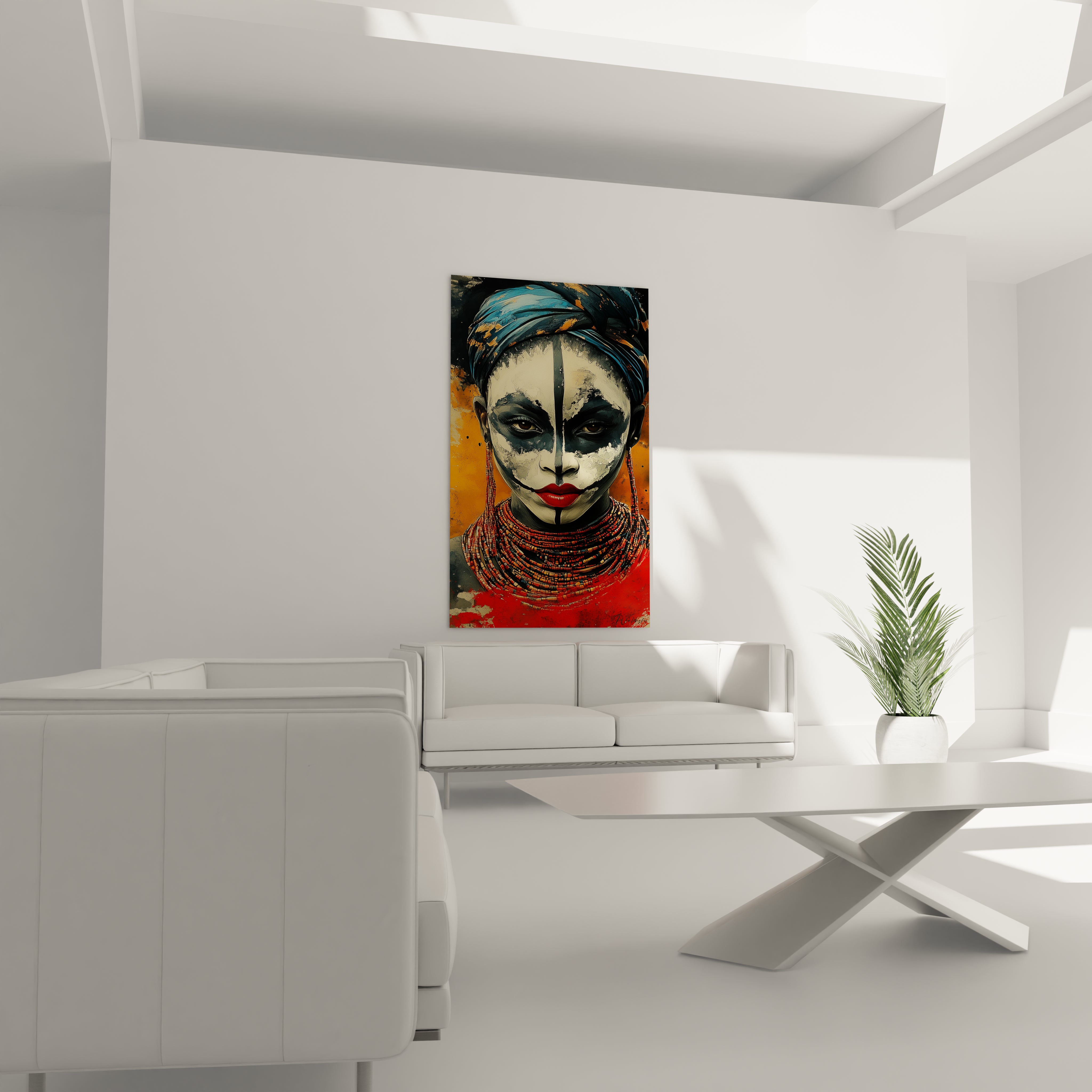 Tableau africain mural Walensky représentant un rhinocéros dans un salon moderne lumineux
