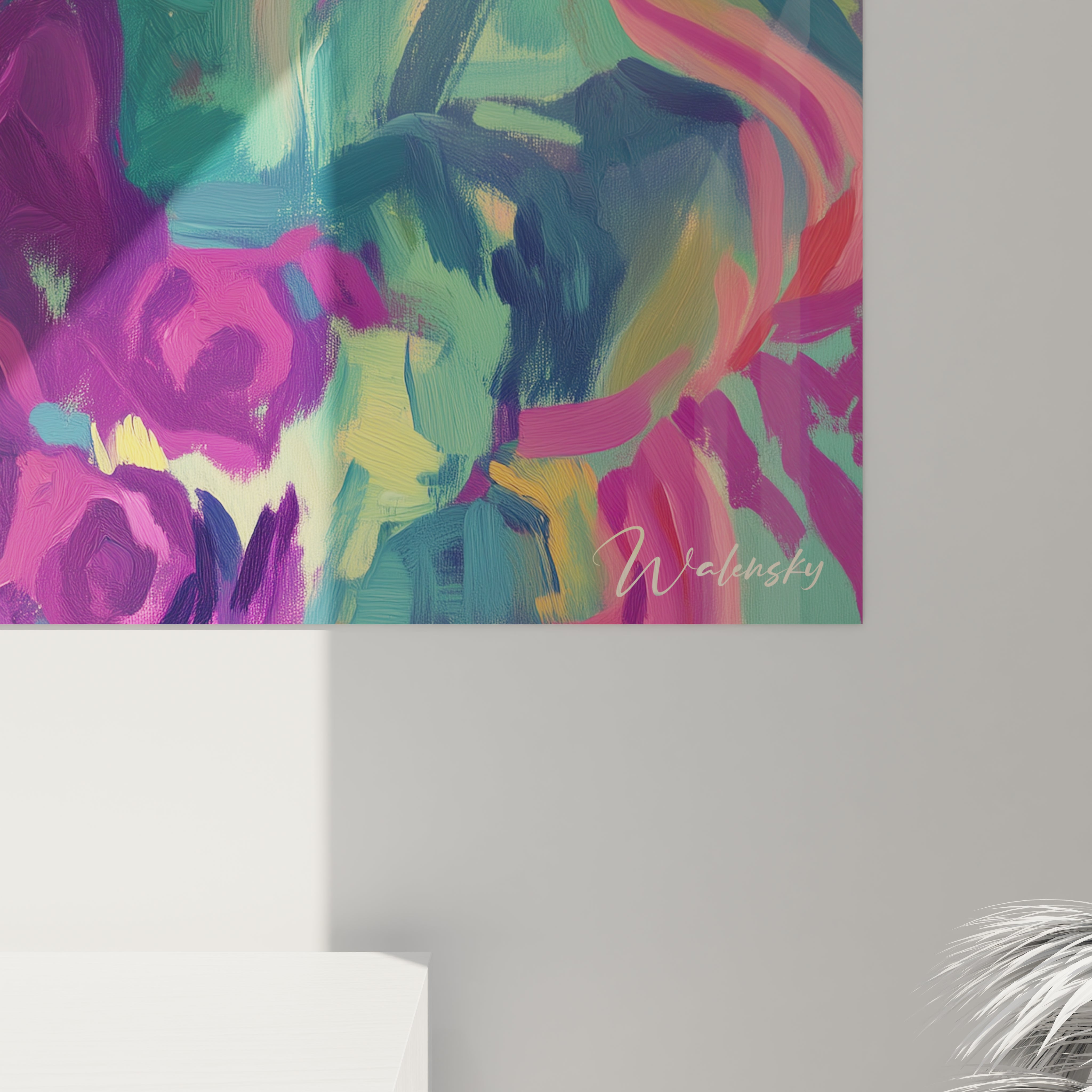 Tableau perroquet coloré Walensky avec peinture abstraite aux tons verts, roses et bleus