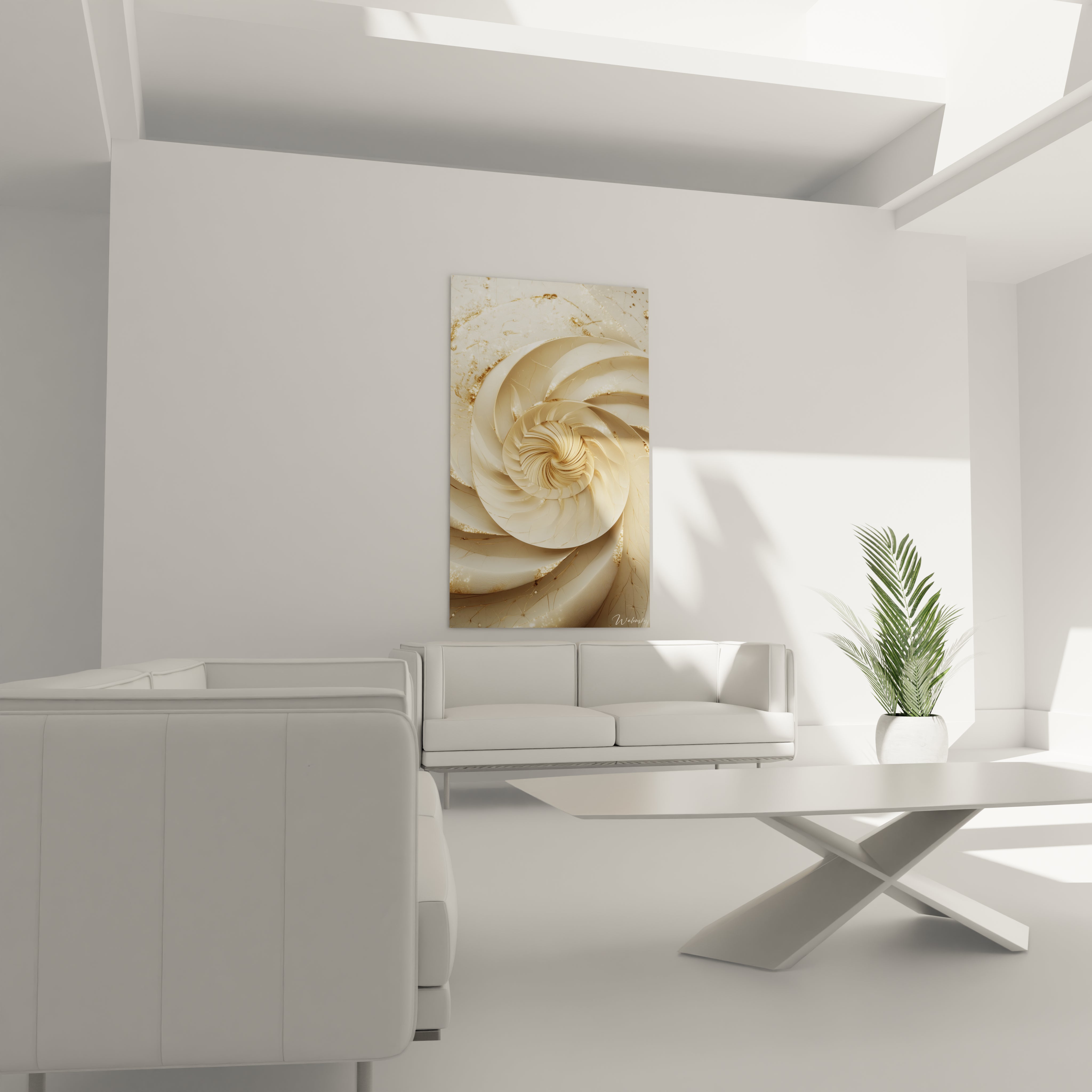 Tableau trompe l'oeil Walensky design spirale beige accroché au mur salon moderne lumineux