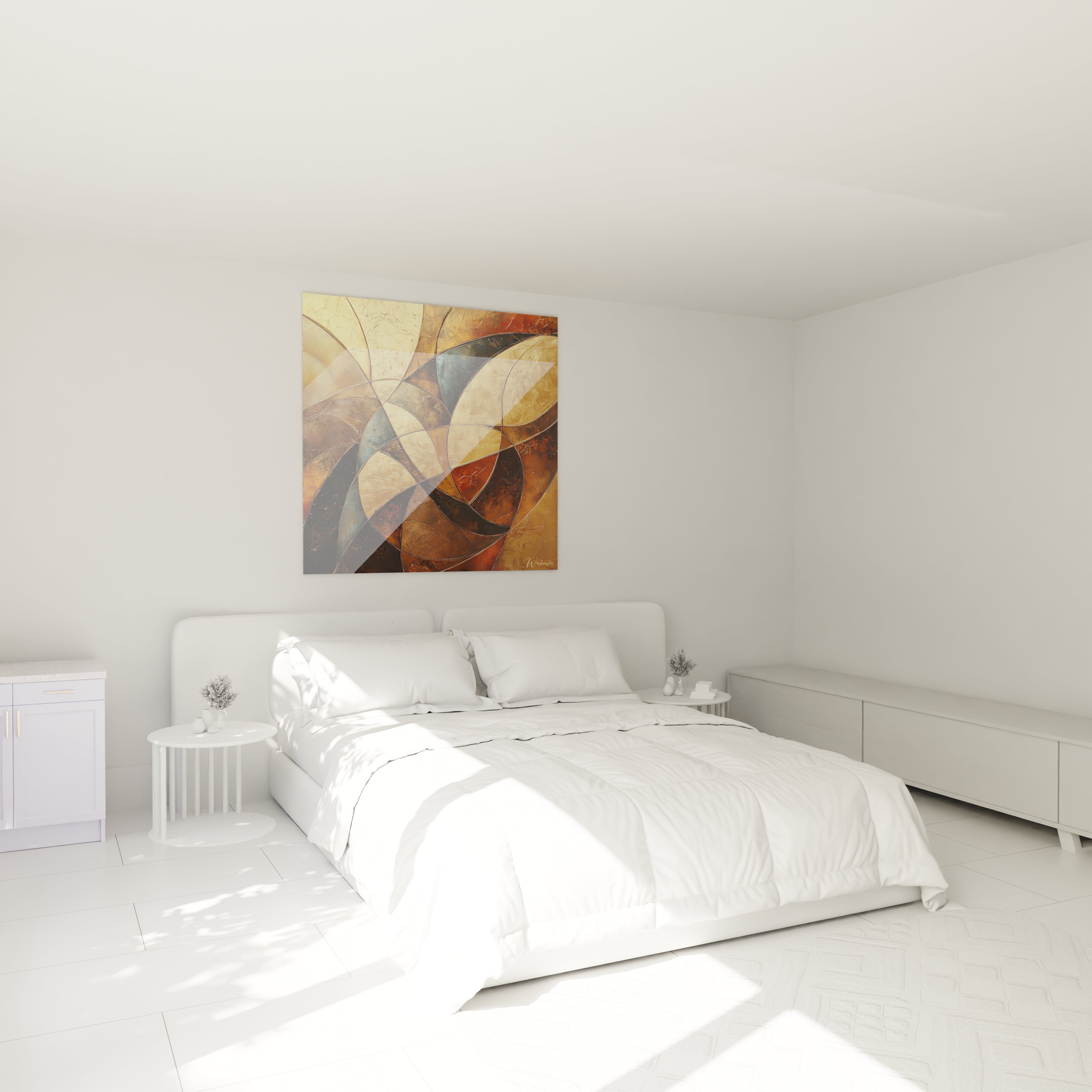 Tableau africain mural abstrait Walensky avec motifs géométriques bruns dans chambre blanche moderne