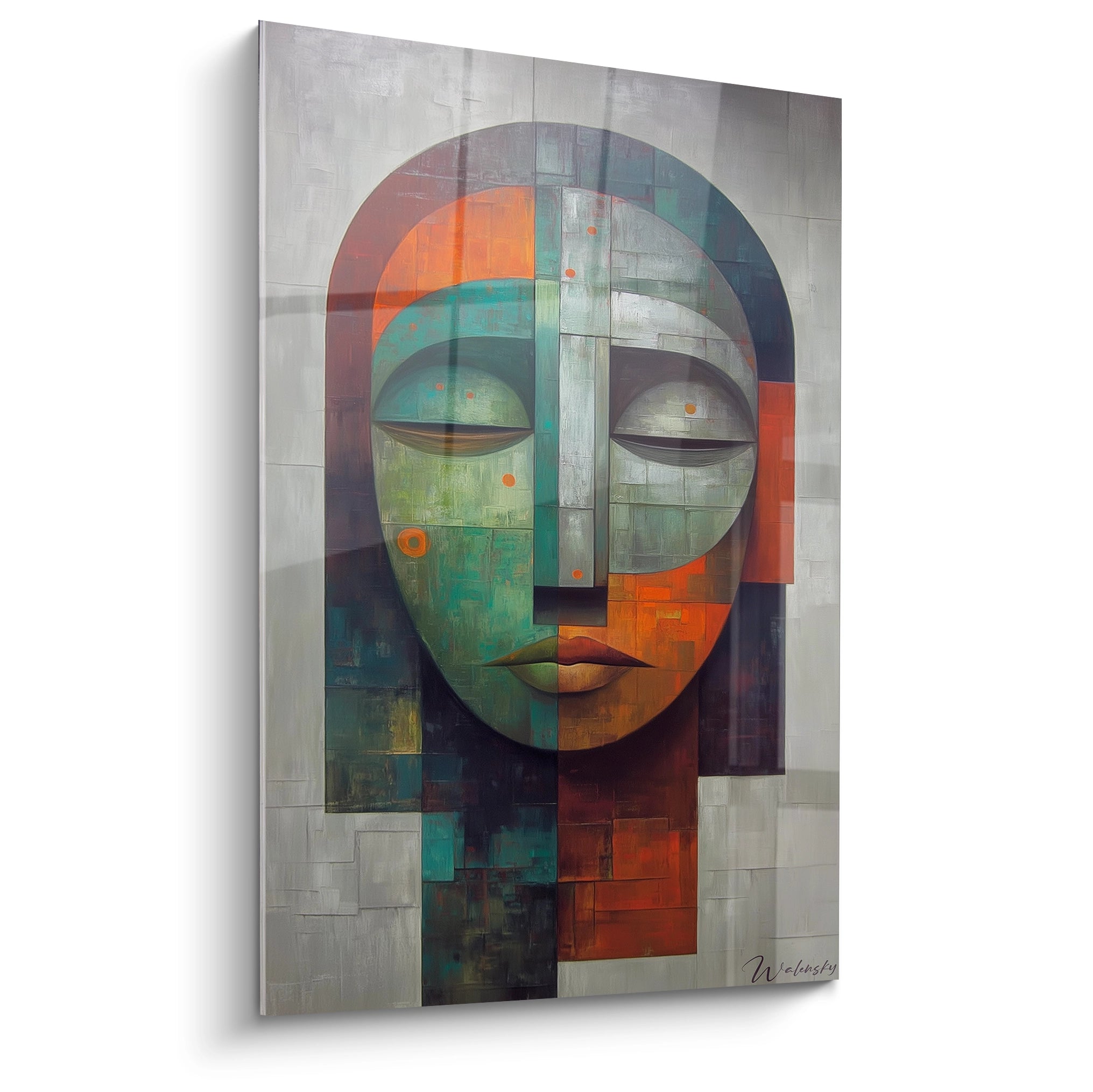 Walensky tableau art chamanique mural abstrait visage stylise en blocs de couleur verts et oranges