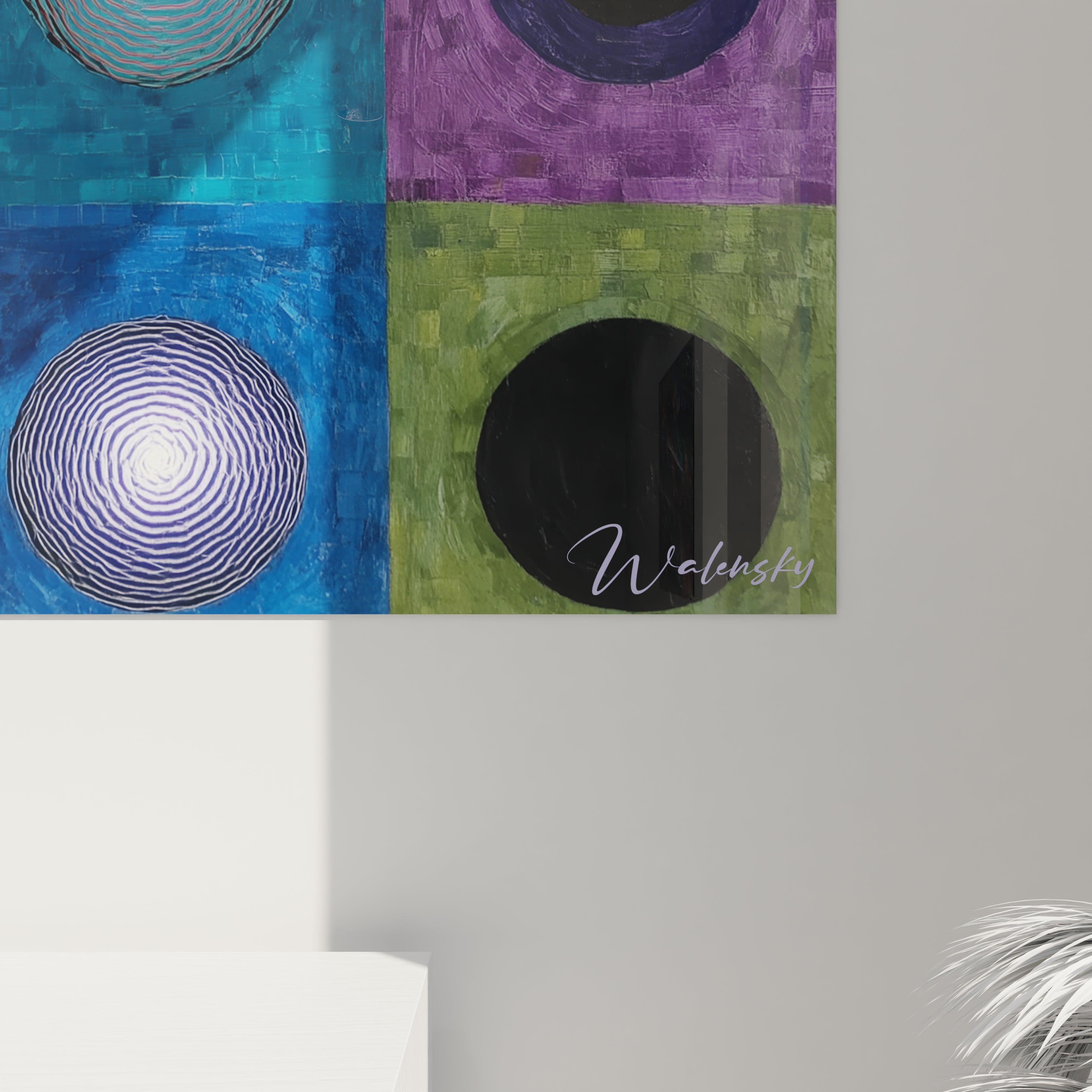 Tableau mural Walensky moderne en quadrillage colore avec motifs circulaires design abstrait tableau art contemporain cercles