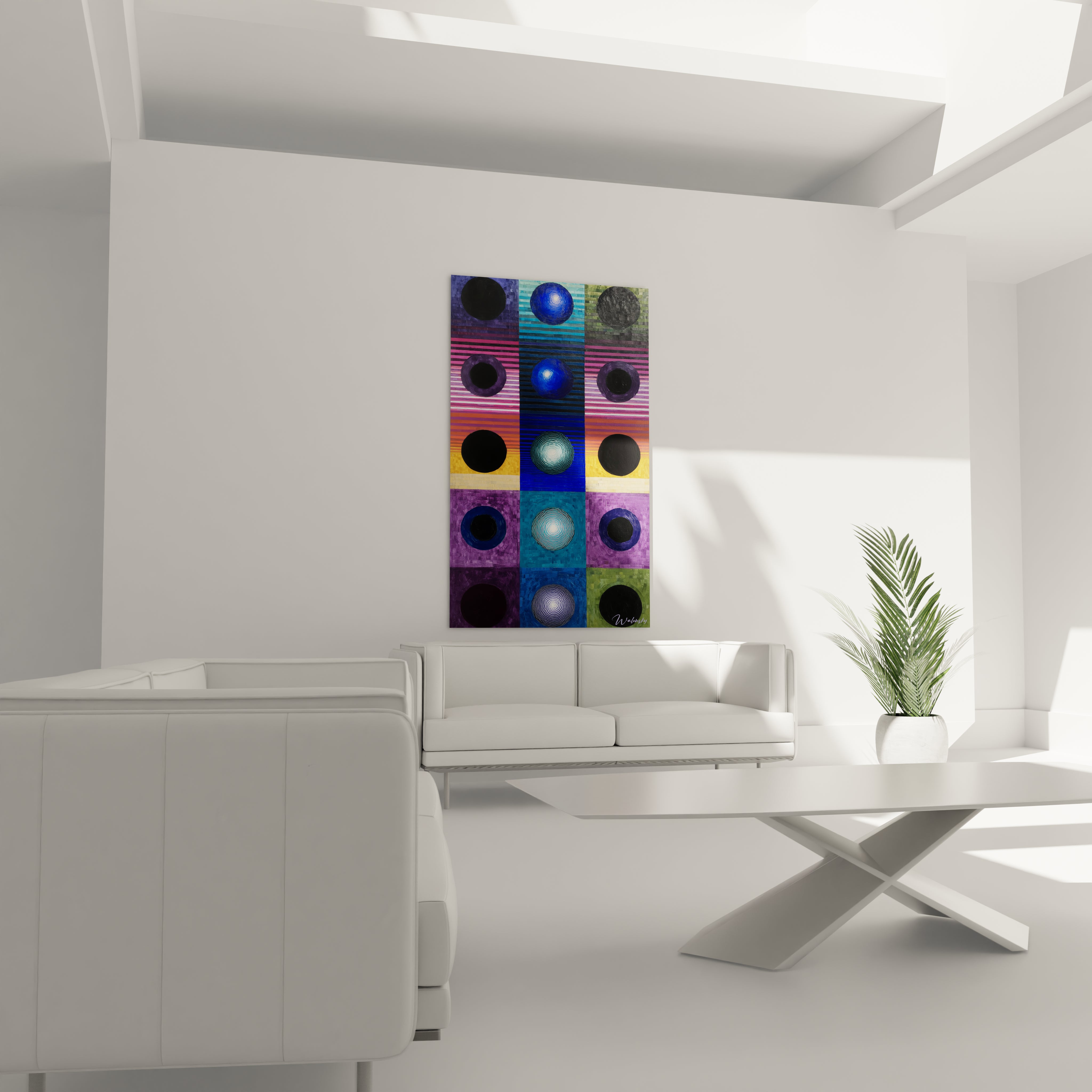 tableau art contemporain cercles Walensky accroché au mur dans un salon minimaliste blanc couleurs vives en grille de cercles