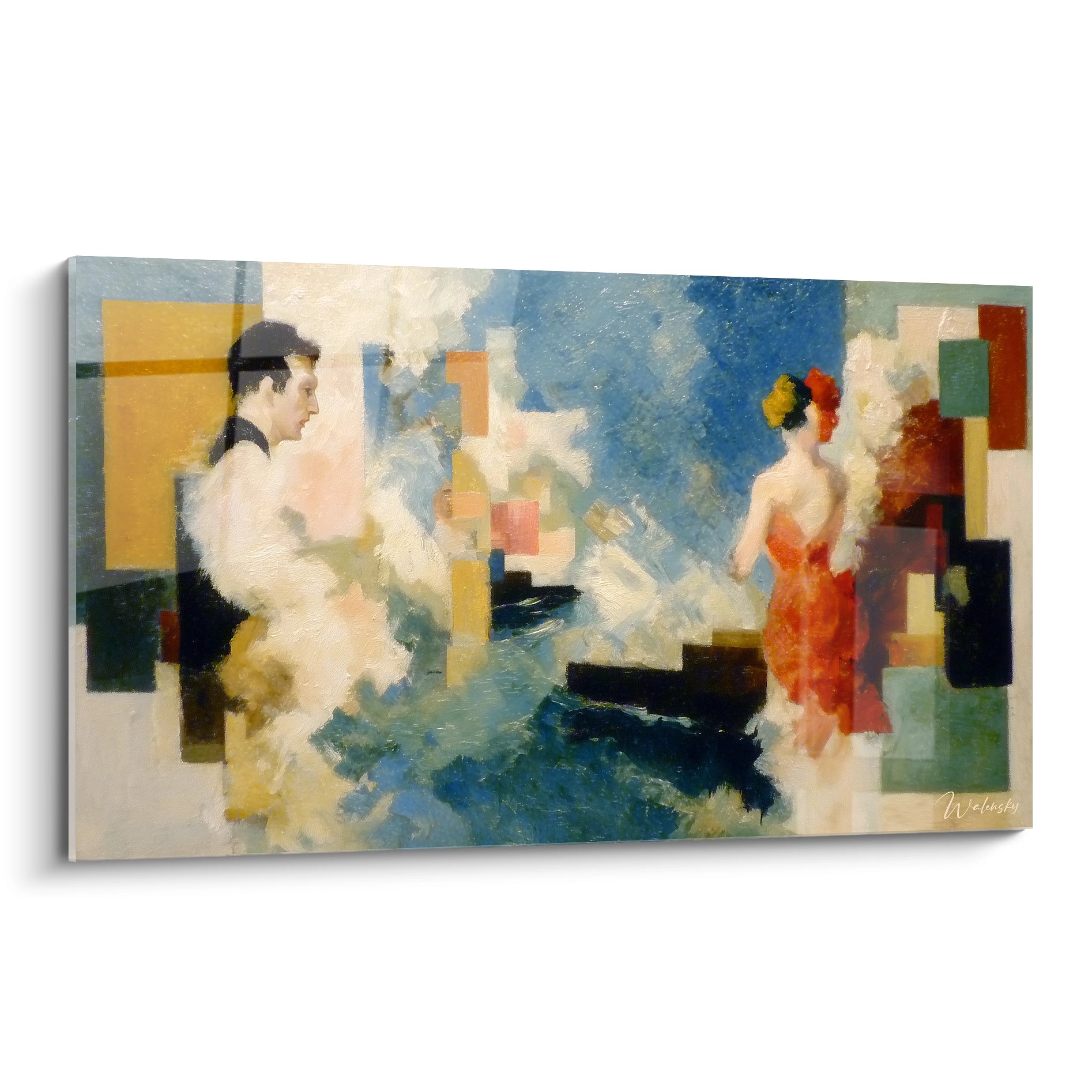 Tableau mural Walensky montrant tableau art couple dadaïsme abstrait avec homme en costume et femme en robe rouge sur fond bleu