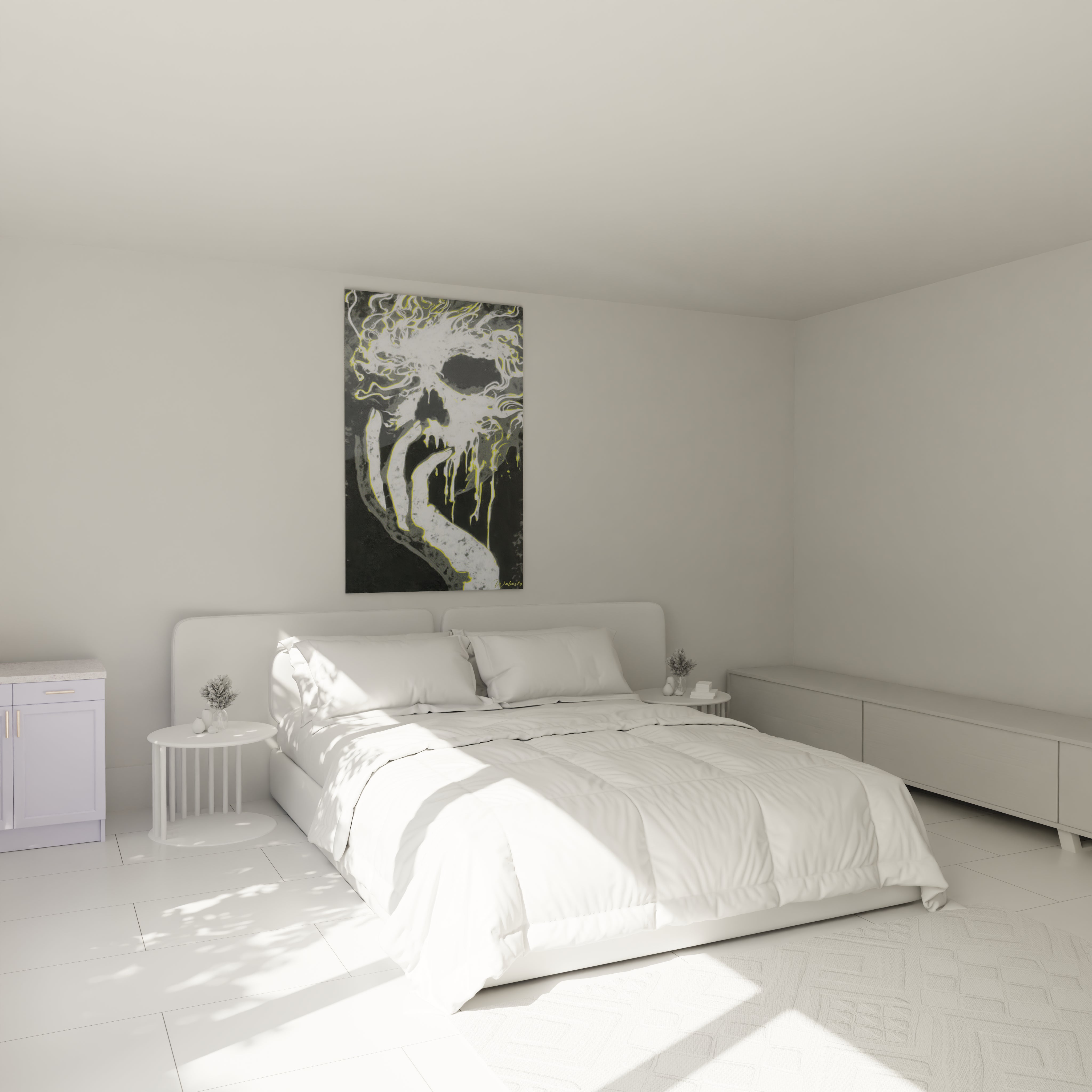 Walensky tableau art crâne contemporain noir et blanc avec touches vertes au dessus d un lit chambre minimaliste