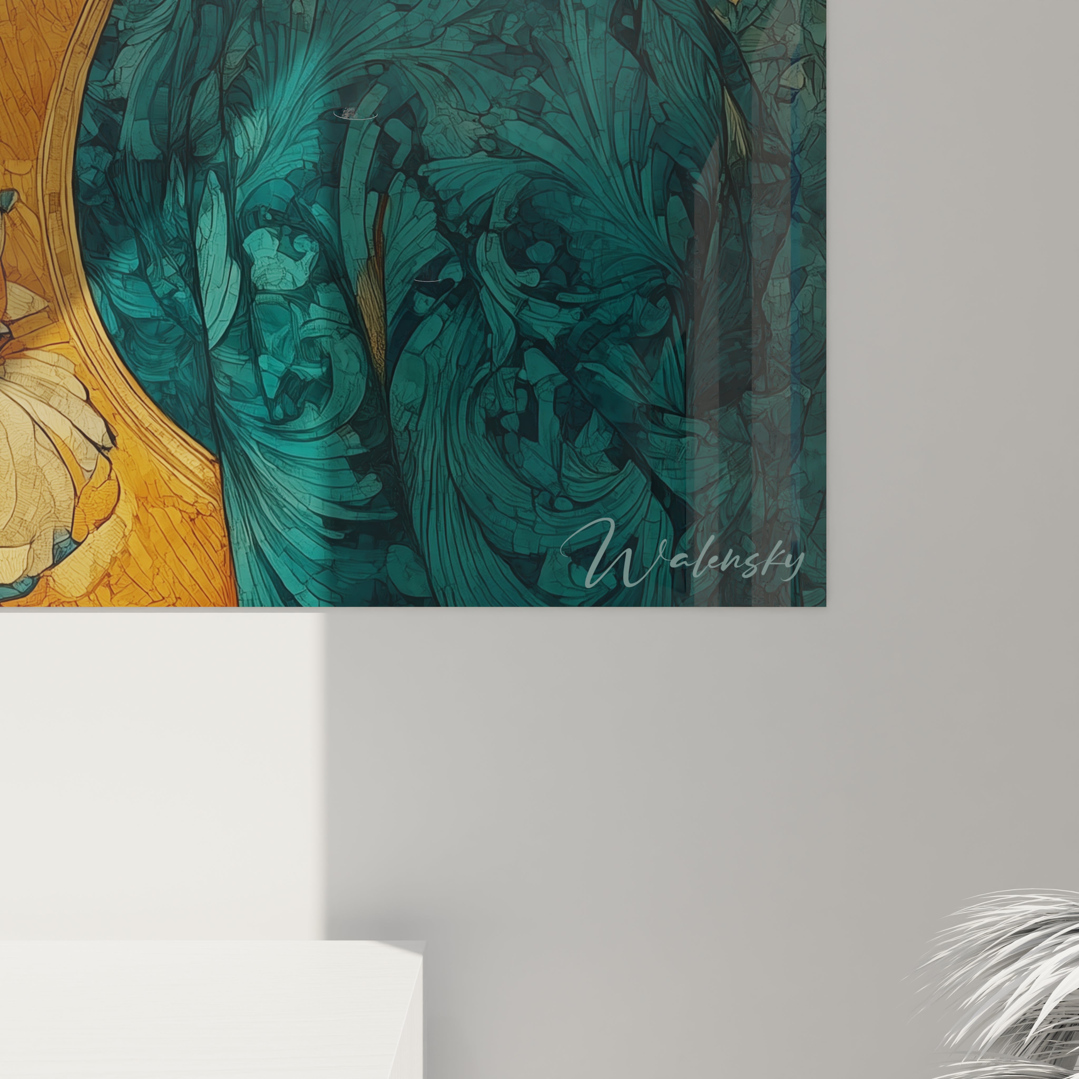 tableau art nouveau femme mural Walensky detail motifs floraux verts et ors sur toile
